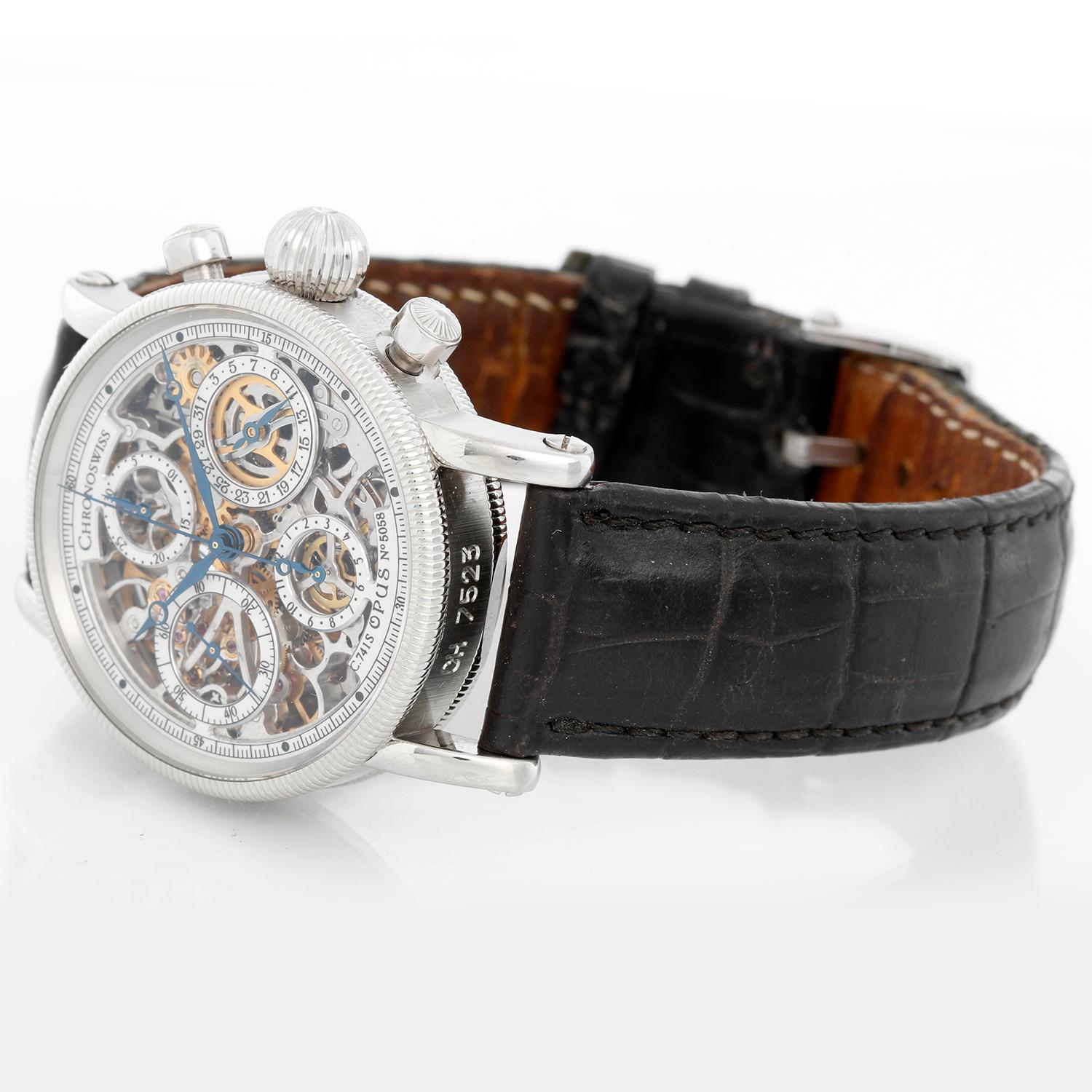 Chronoswiss Opus Skeletonized Chronograph Men's Watch CH 7523 - Automatic winding. Stainless steel case with coin edge bezel ( 38 mm ) . Skeleton dial. Black strap with stainless steel Chronoswiss buckle. Pre-owned with Chronoswiss box and papers.