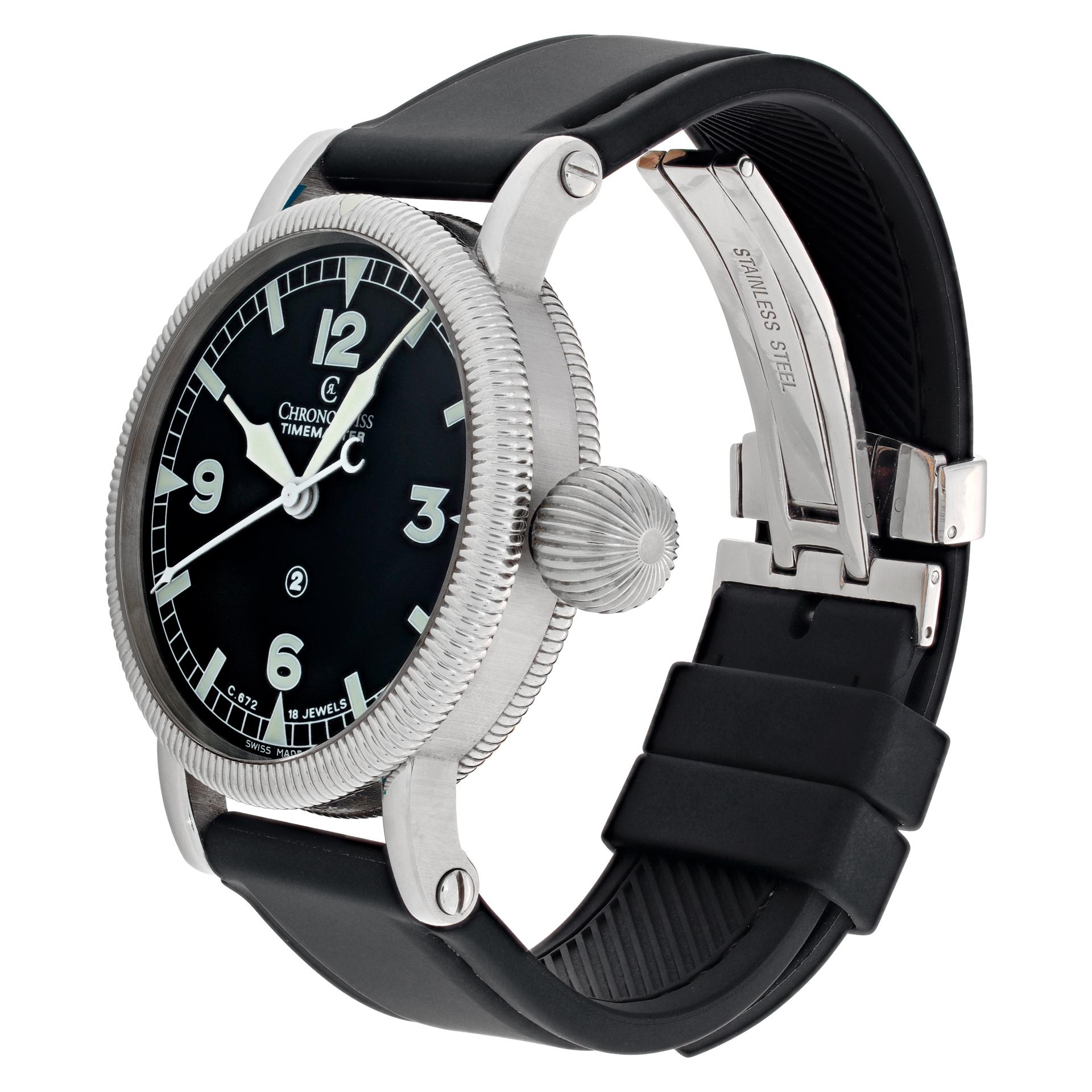 Chronoswiss Timemaster in stainless steel on a black rubber strap with a Chronoswiss stainless steel deployant buckle. Manual wind movement under glass w/ sweep seconds. 44 mm case size. With box and papers. Ref CH 6233. Circa 1979. Fine Pre-owned