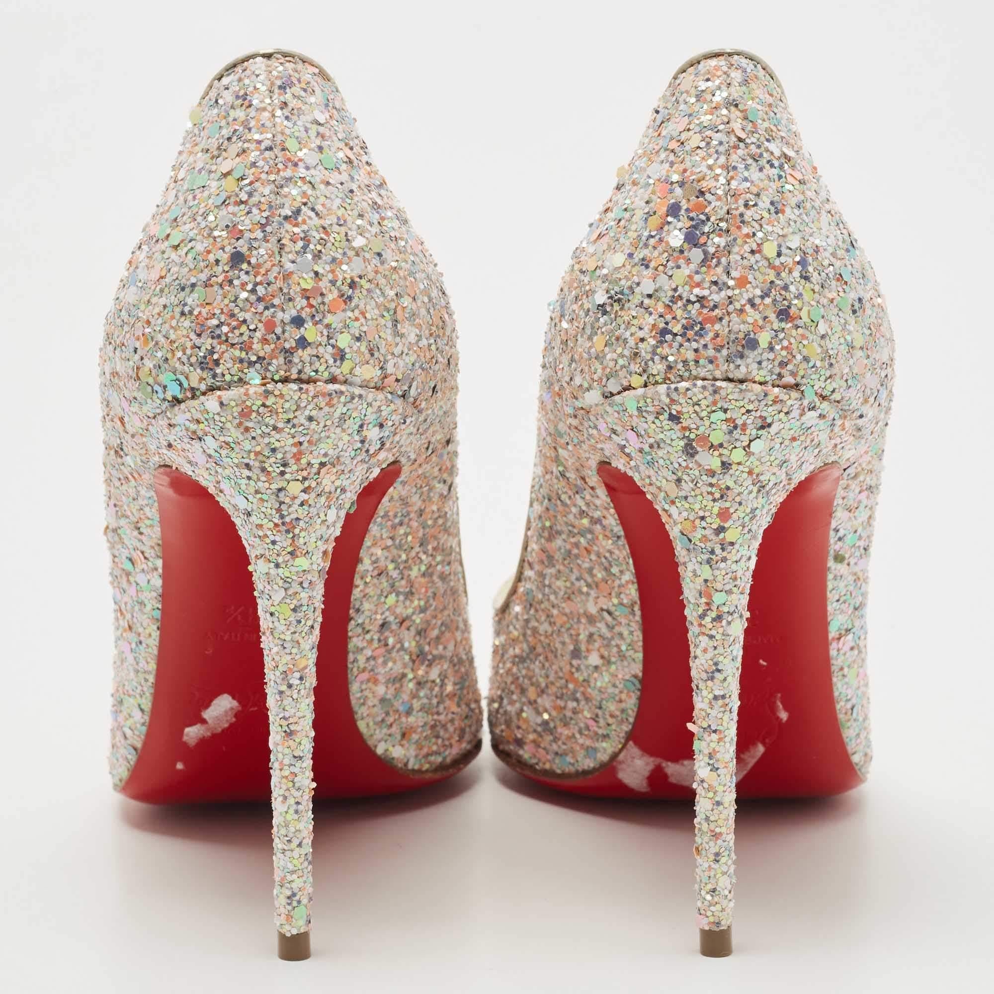 Beige Chrstian Louboutin Multicolor Glitter Pigalle Follies Pointed Toe Pumps Size 38.