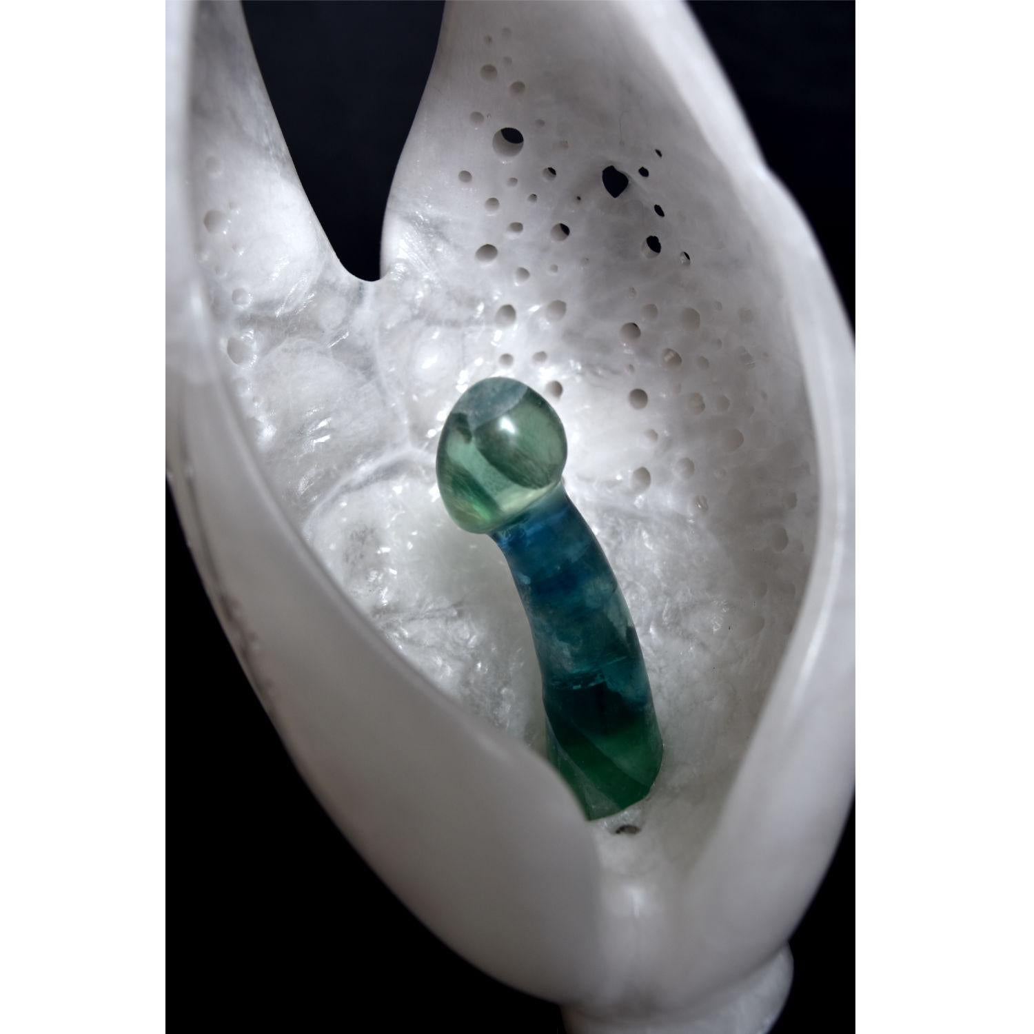 Futurist Chrysalis White Alabaster Ebony Soapstone UV Lighted Metaphysical Sculpture For Sale