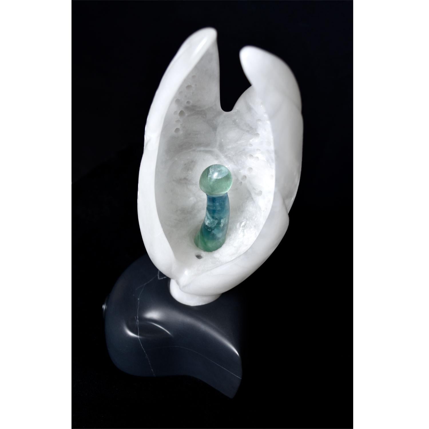 American Chrysalis White Alabaster Ebony Soapstone UV Lighted Metaphysical Sculpture For Sale