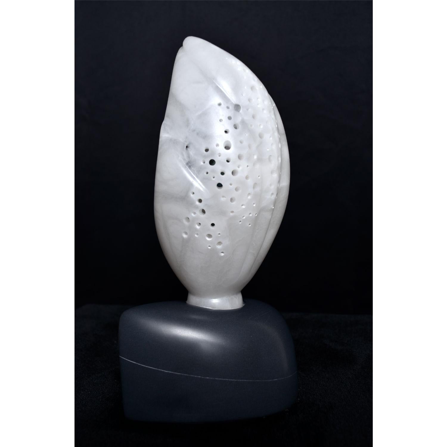 Contemporary Chrysalis White Alabaster Ebony Soapstone UV Lighted Metaphysical Sculpture For Sale