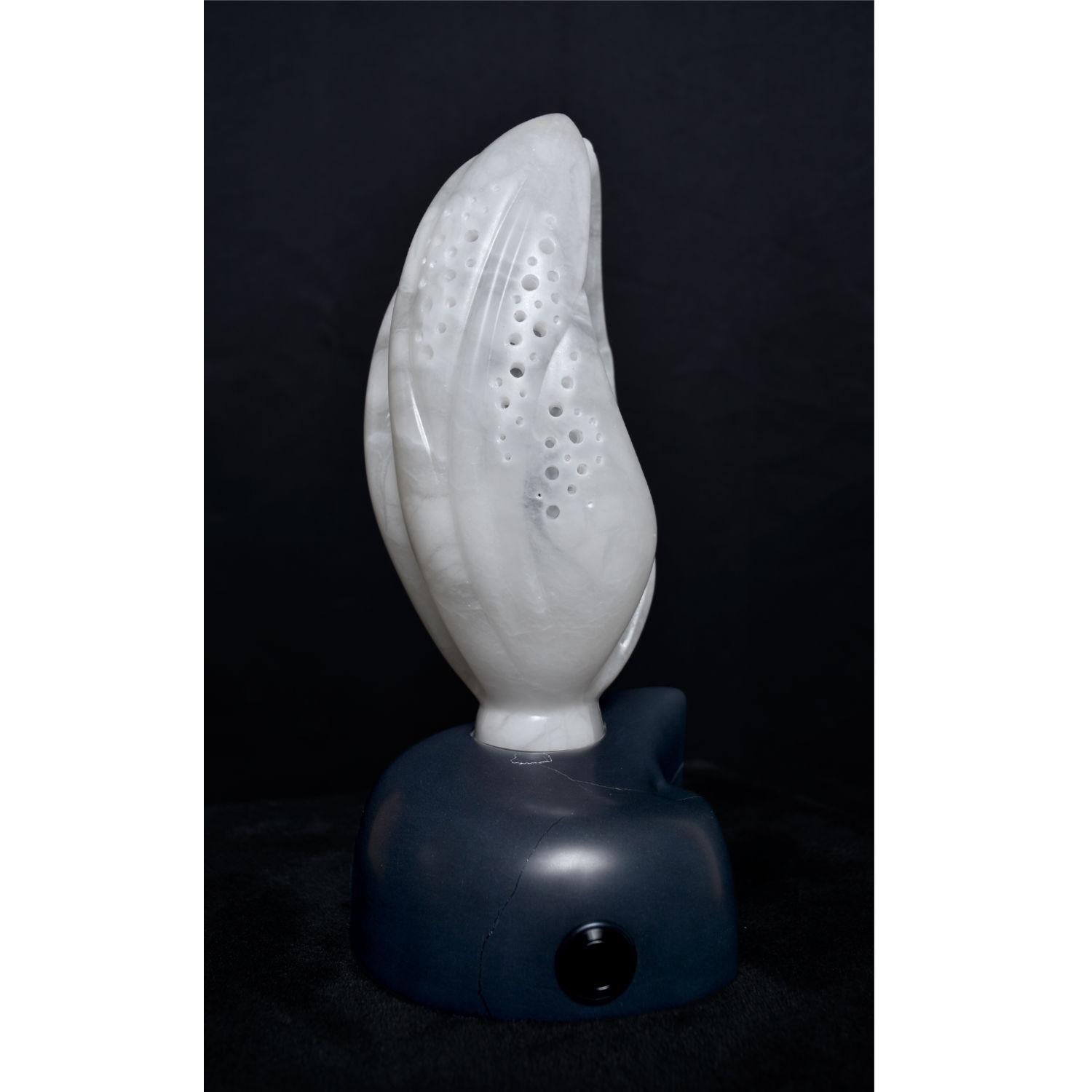 Contemporary Chrysalis White Alabaster Ebony Soapstone UV Lighted Metaphysical Sculpture For Sale