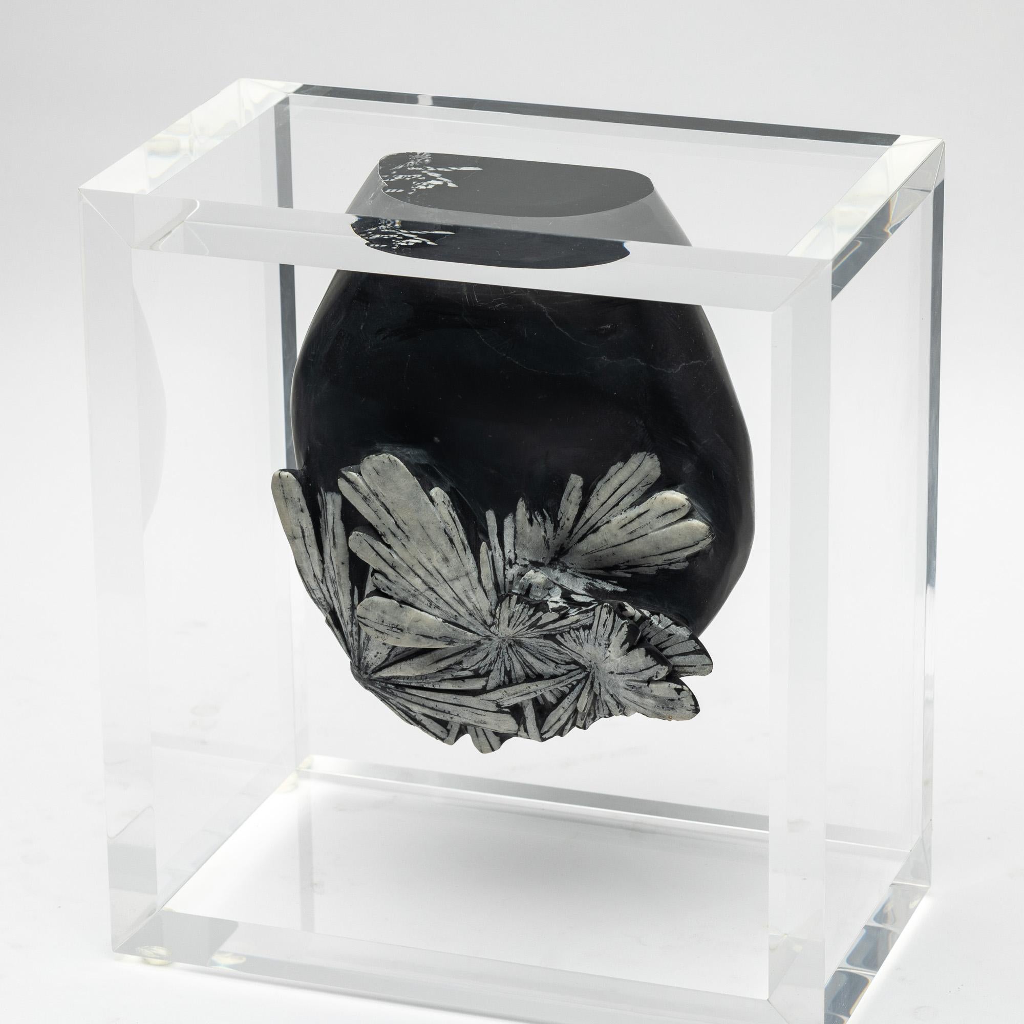 Organico moderno Pietra di crisantemo montata in una base acrilica dal design originale in vendita