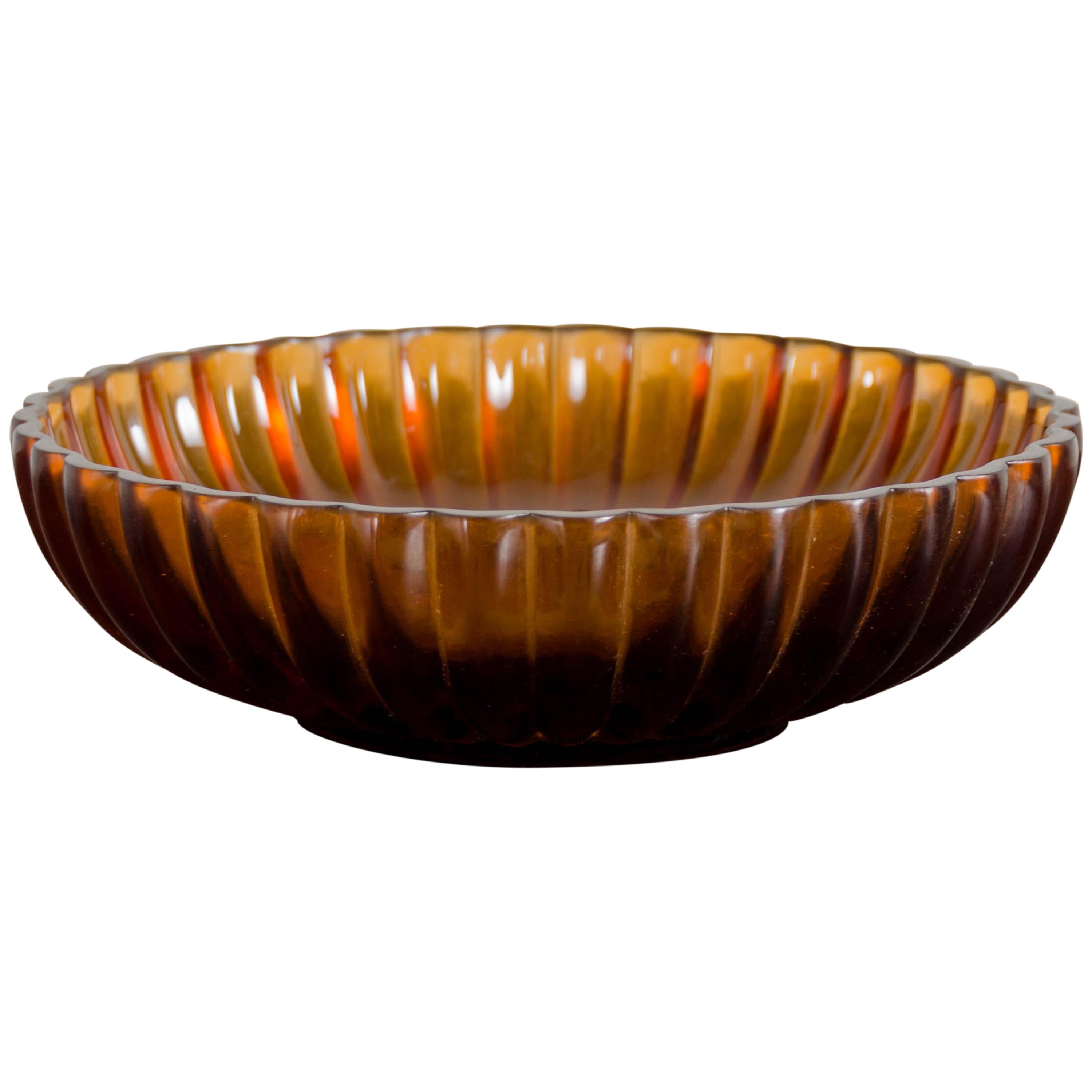 Chrysanthemum Bowl, Amber Peking Glass by Robert Kuo, Hand Carved For Sale