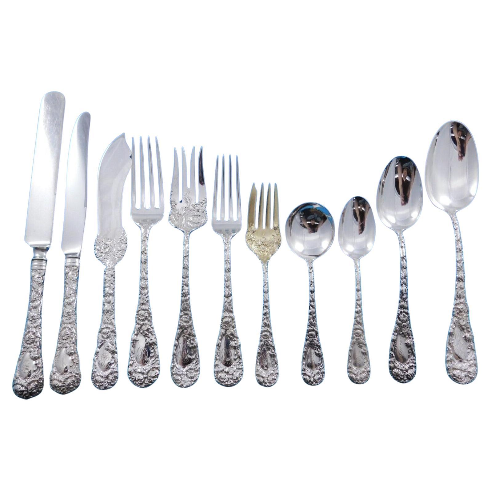 Crisantemo de Durgin Juego de cubiertos de plata de ley Servicio de 135 piezas Cena