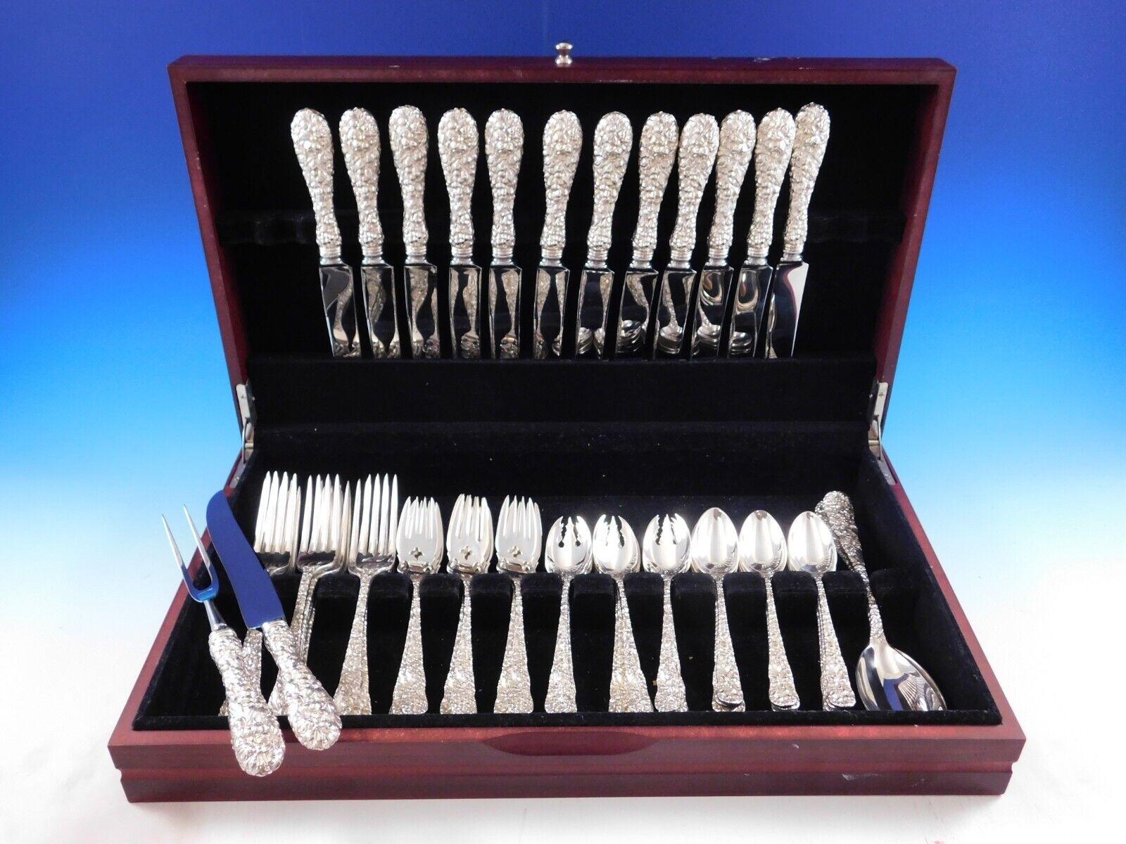 Dinner Size Chrysanthemum by Stieff sterling silver Flatware set - 64 pieces. This set includes:


12 Dinner Knives, 9 3/4