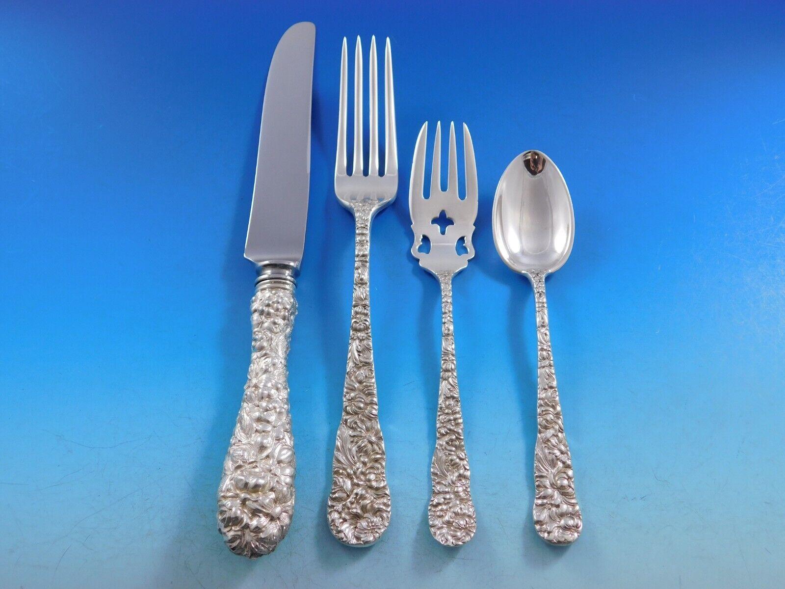 Chrysanthemum by Stieff Sterling Silver Flatware Set 12 Service 64 pcs Dinner In Excellent Condition For Sale In Big Bend, WI