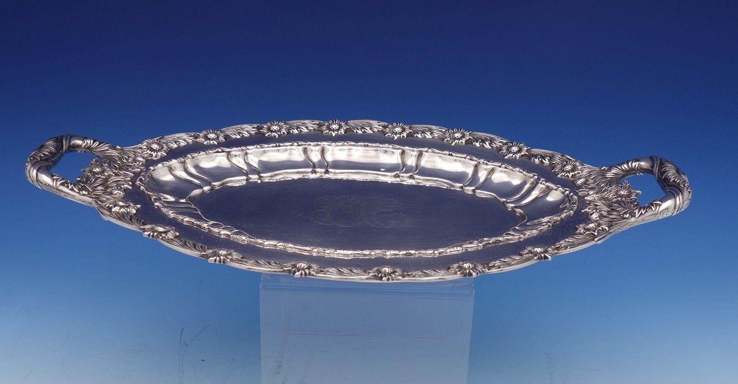 Incredible Chrysanthemum by Tiffany and Co. sterling silver oval tray with unusual scalloped design around the service area. This piece has a 