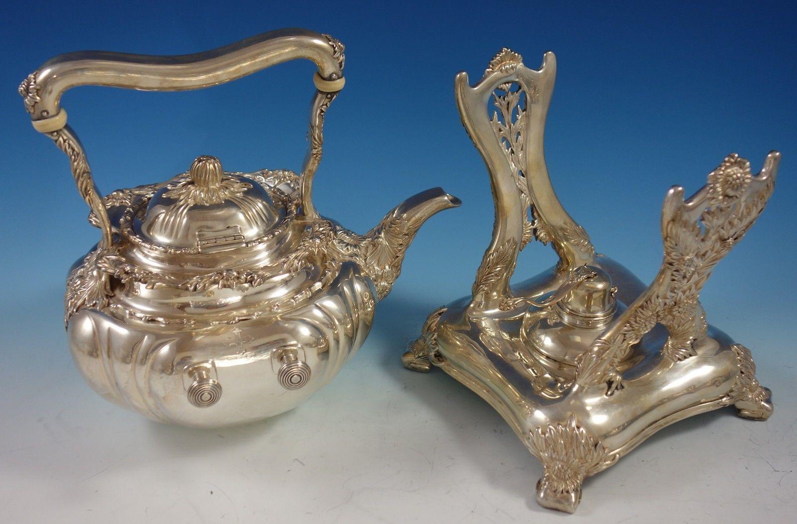 19th Century Chrysanthemum by Tiffany & Co. Sterling Silver Tea Set Five-Piece #2798 For Sale