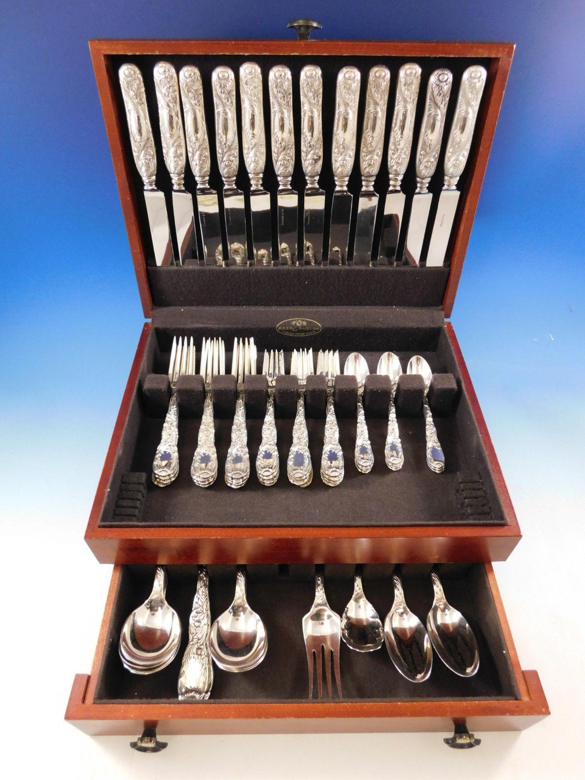 Superb dinner size Chrysanthemum by Tiffany & Co. sterling silver flatware set of 64 pieces. This set includes:

12 dinner size knives, 10 1/2