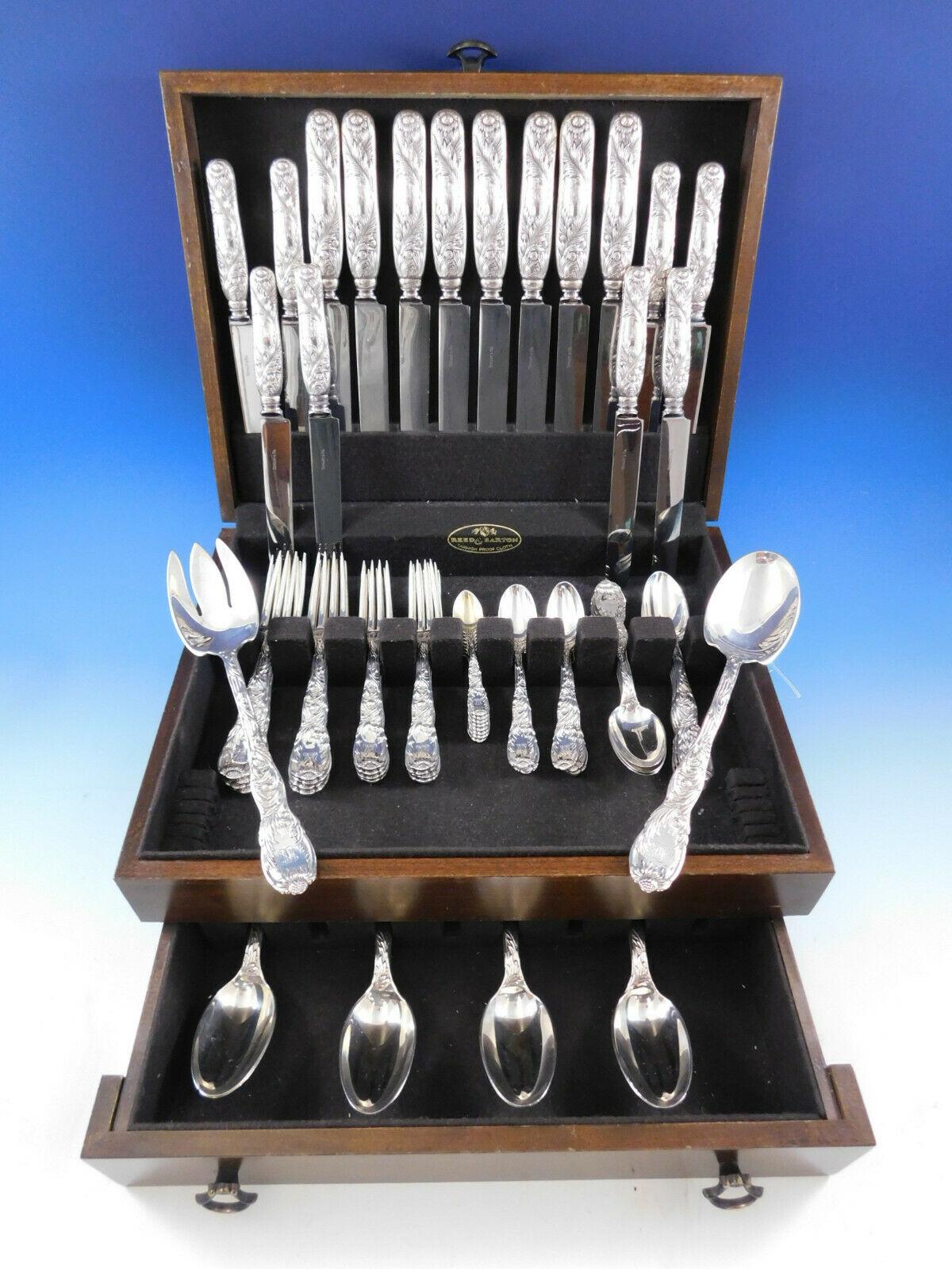 Superb dinner and luncheon size chrysanthemum by Tiffany & Co. sterling silver flatware set, 66 pieces. This set includes:

8 dinner size knives, 10 1/4