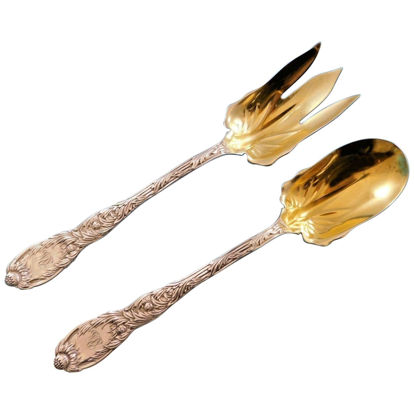 Chrysanthemum by Tiffany Sterling Silver Salad Serving Set Gold-Washed 10"