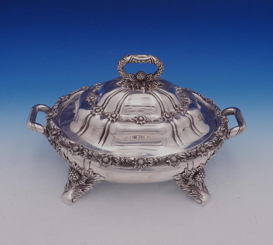 Exceptional Chrysanthemum by Tiffany & Co. sterling silver covered vegetable dish. The dish holds 1 pint. The piece has a T date mark (for the years 1892-1902) and is marked #5713/2473. 

The dish measures 13