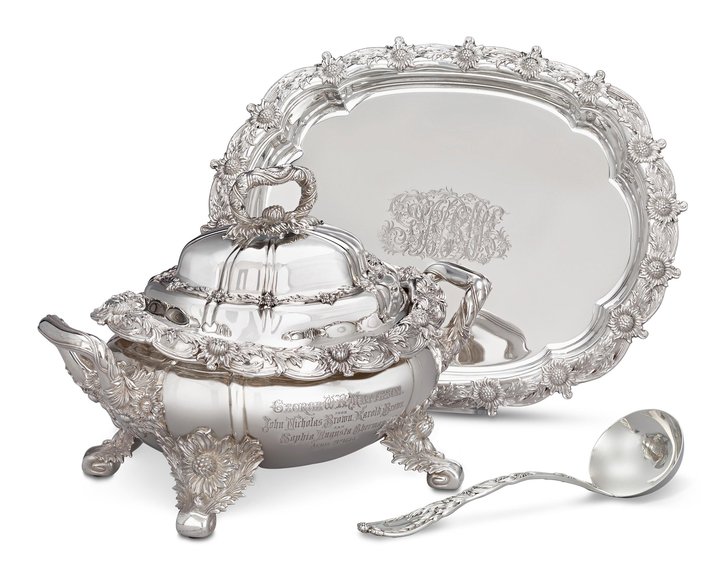 This outstanding silver covered soup tureen with matching underplate and ladle by Tiffany & Co. is crafted in the iconic Chrysanthemum pattern. Regarded as one of the most prestigious and stunning silver motifs ever created, Chrysanthemum features