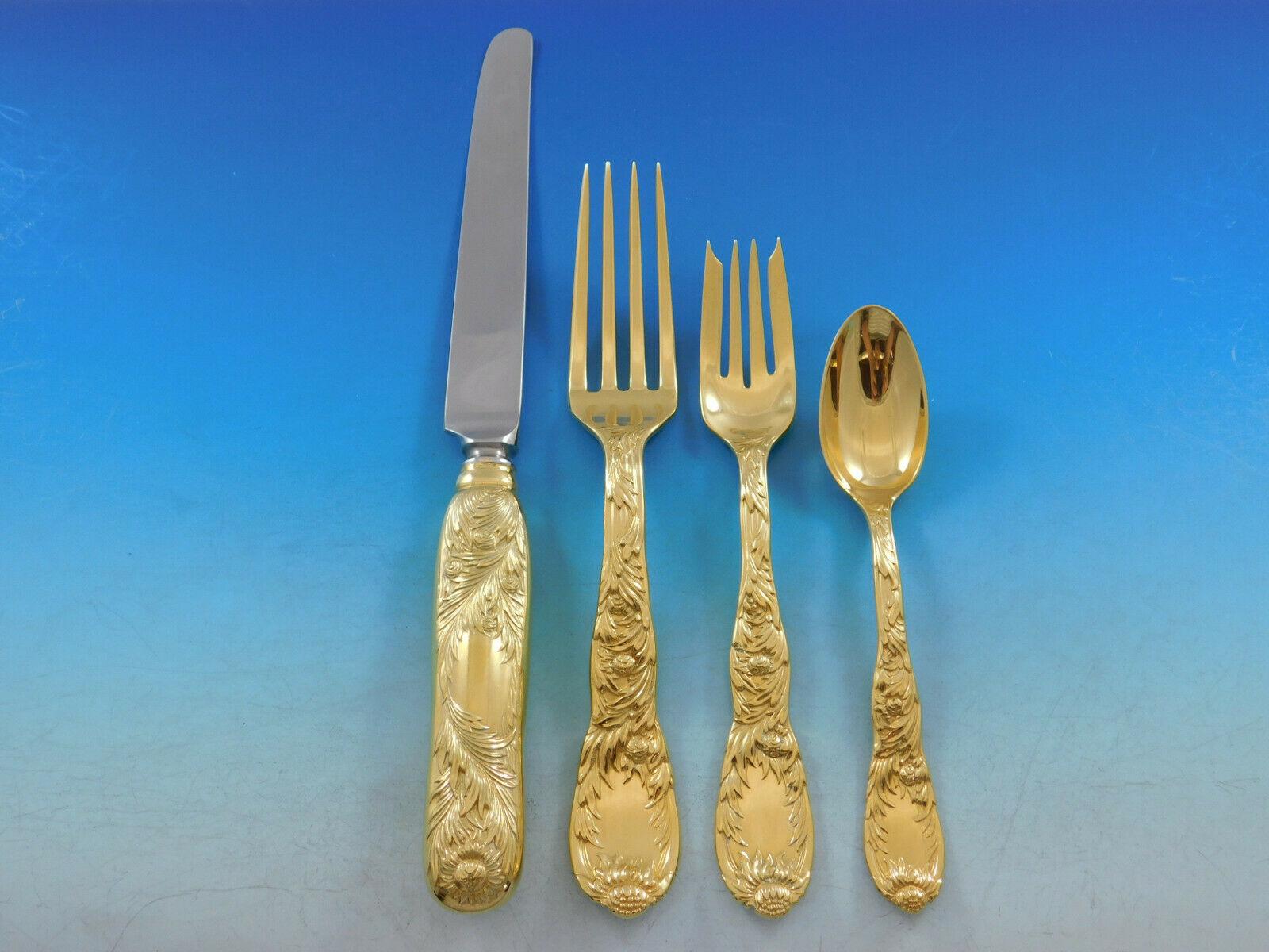 Chrysanthemum Gold by Tiffany Sterling Silver Flatware Set Service 82 Pcs Dinner In Excellent Condition In Big Bend, WI