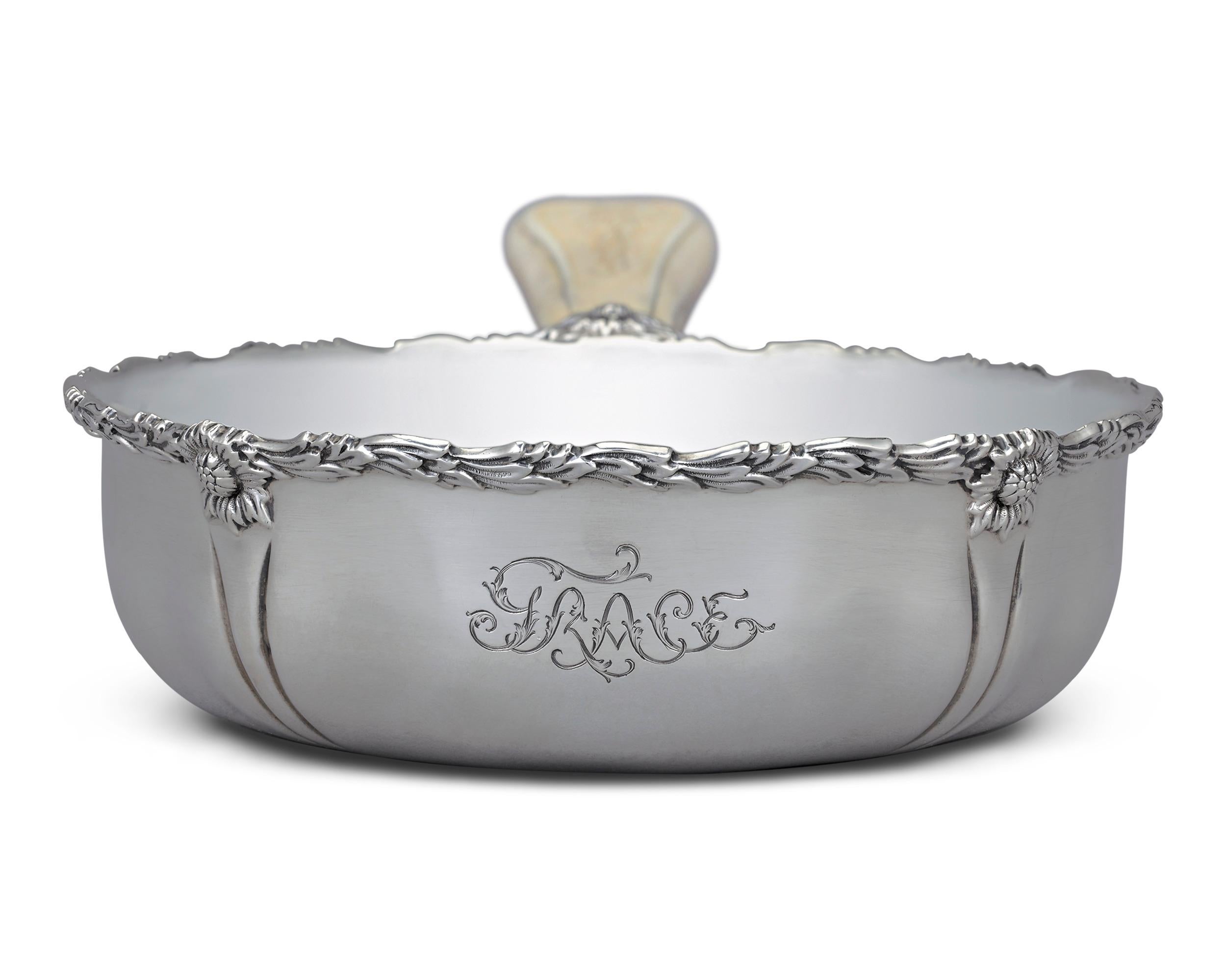 Crafted by the legendary Tiffany & Co., this rare sterling silver child's porridge bowl was crafted with a little one in mind. One of Tiffany’s most charming pieces, the bowl is adorned by the highly popular Chrysanthemum pattern, and features a