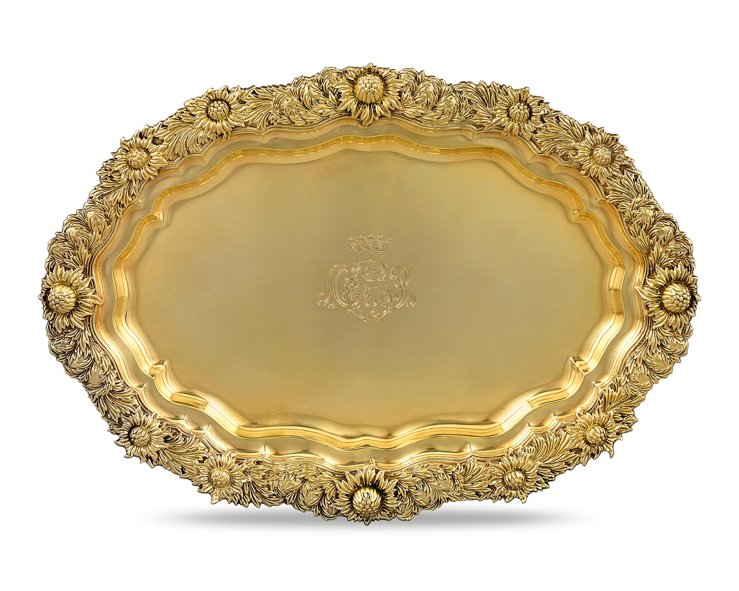 Art Nouveau Chrysanthemum Silver Gilt Serving Tray by Tiffany & Co.