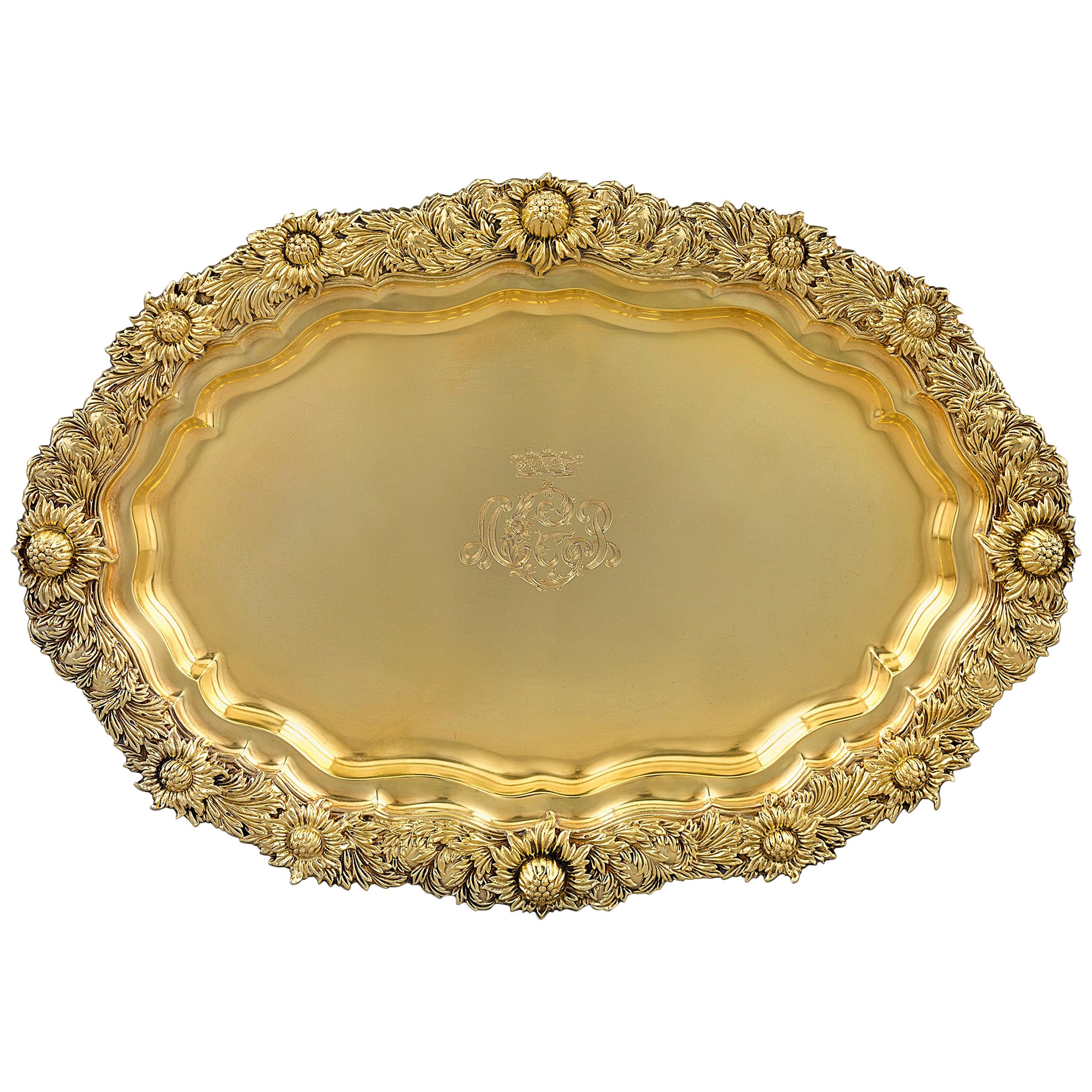 Chrysanthemum Silver Gilt Serving Tray by Tiffany & Co.