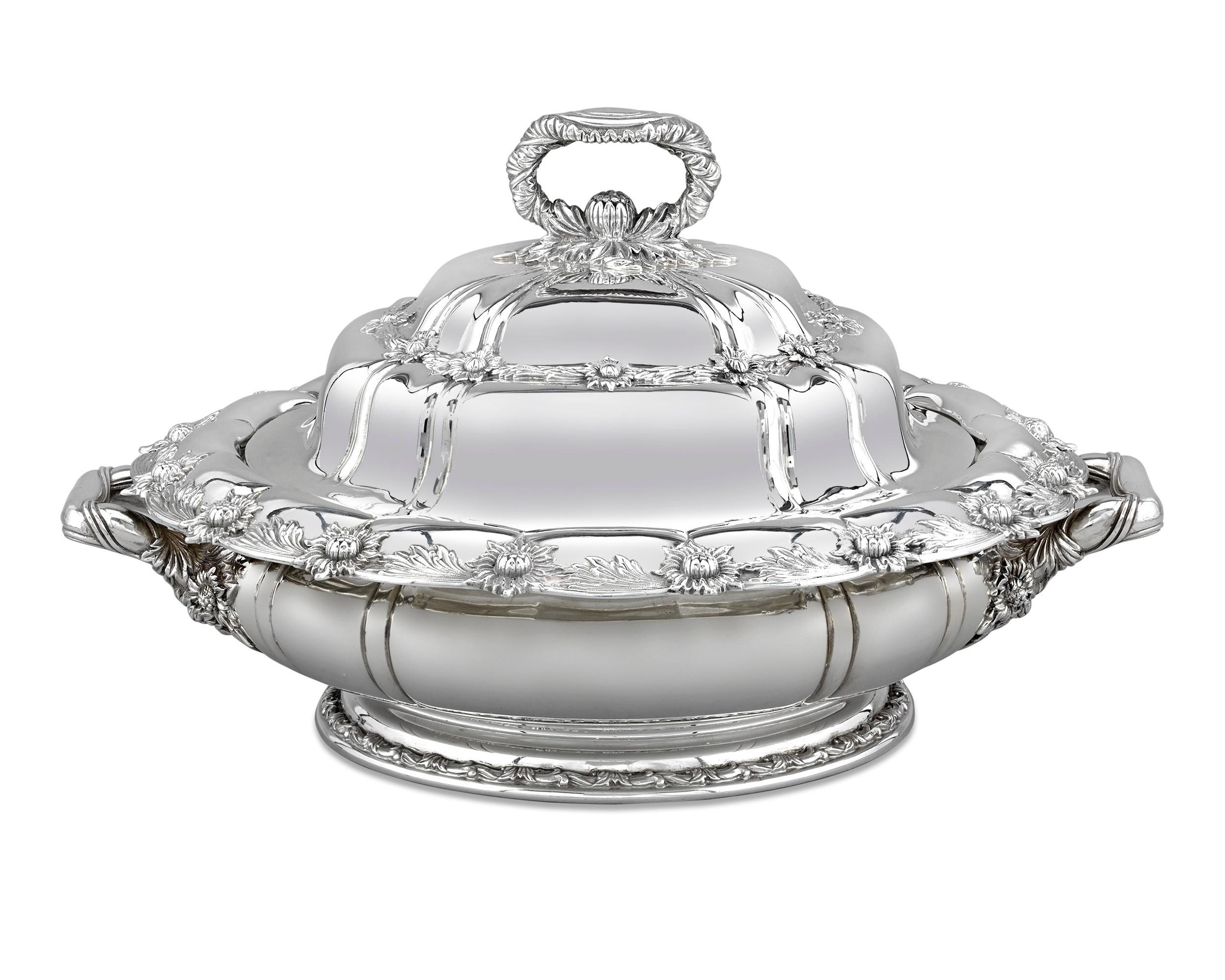 This exceptional sterling silver covered serving dish by Tiffany & Co. is crafted in the iconic Chrysanthemum pattern, one of the most loved sterling patterns ever made. Because of its intricacy, this pattern was also among the most expensive motifs