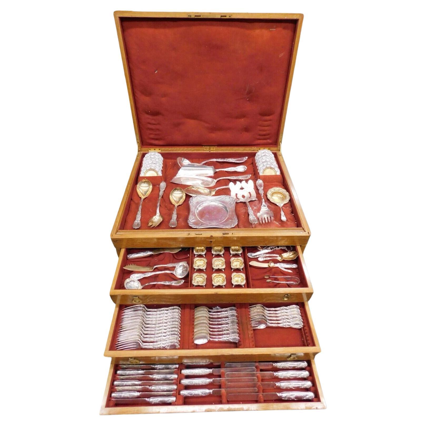 Chrysanthemum Tiffany Sterling Silver Flatware Set Service 255 pcs Fitted Chest For Sale