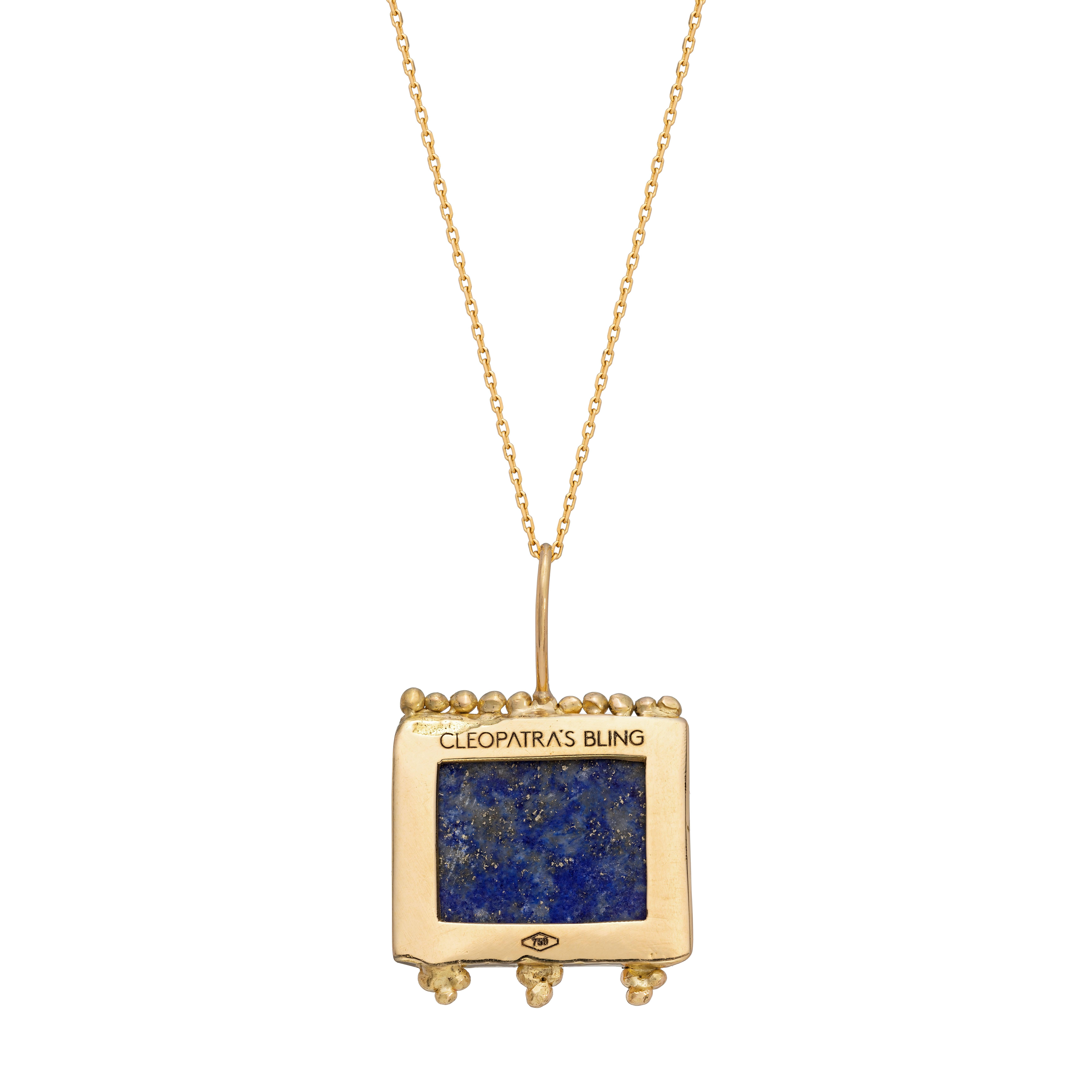 Chrysaor Pendant in Lapis Lazuli, 18 Karat Yellow Gold
The Relic Collection pieces are one off, hand etched pendants. Each stone is individually engraved by hand by artisans which means that every piece is truly one of a kind. These unique relics