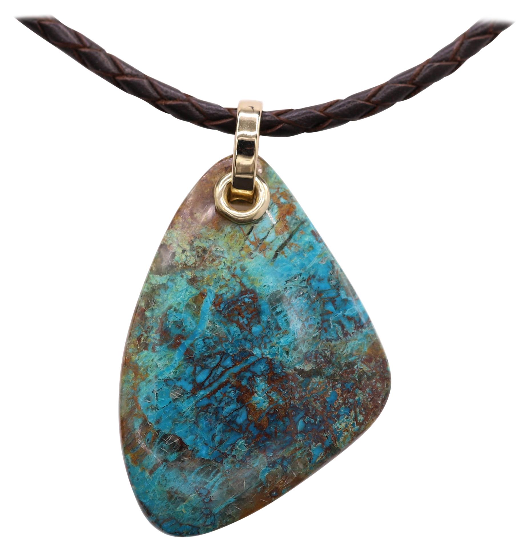 Chrysocolla Natural Stone Necklace 14 Karat Yellow Gold Leather & Blue Stone For Sale