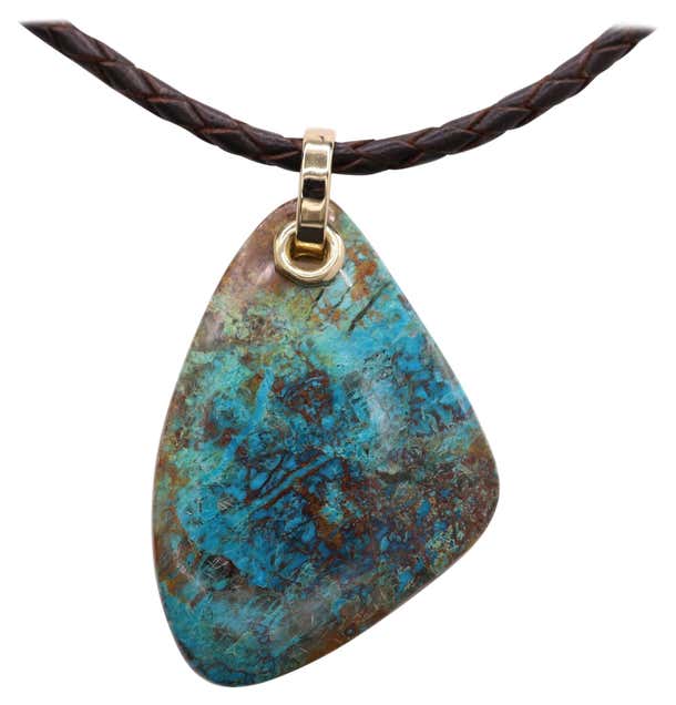 Chrysocolla Natural Stone Necklace 14 Karat Yellow Gold Leather and ...