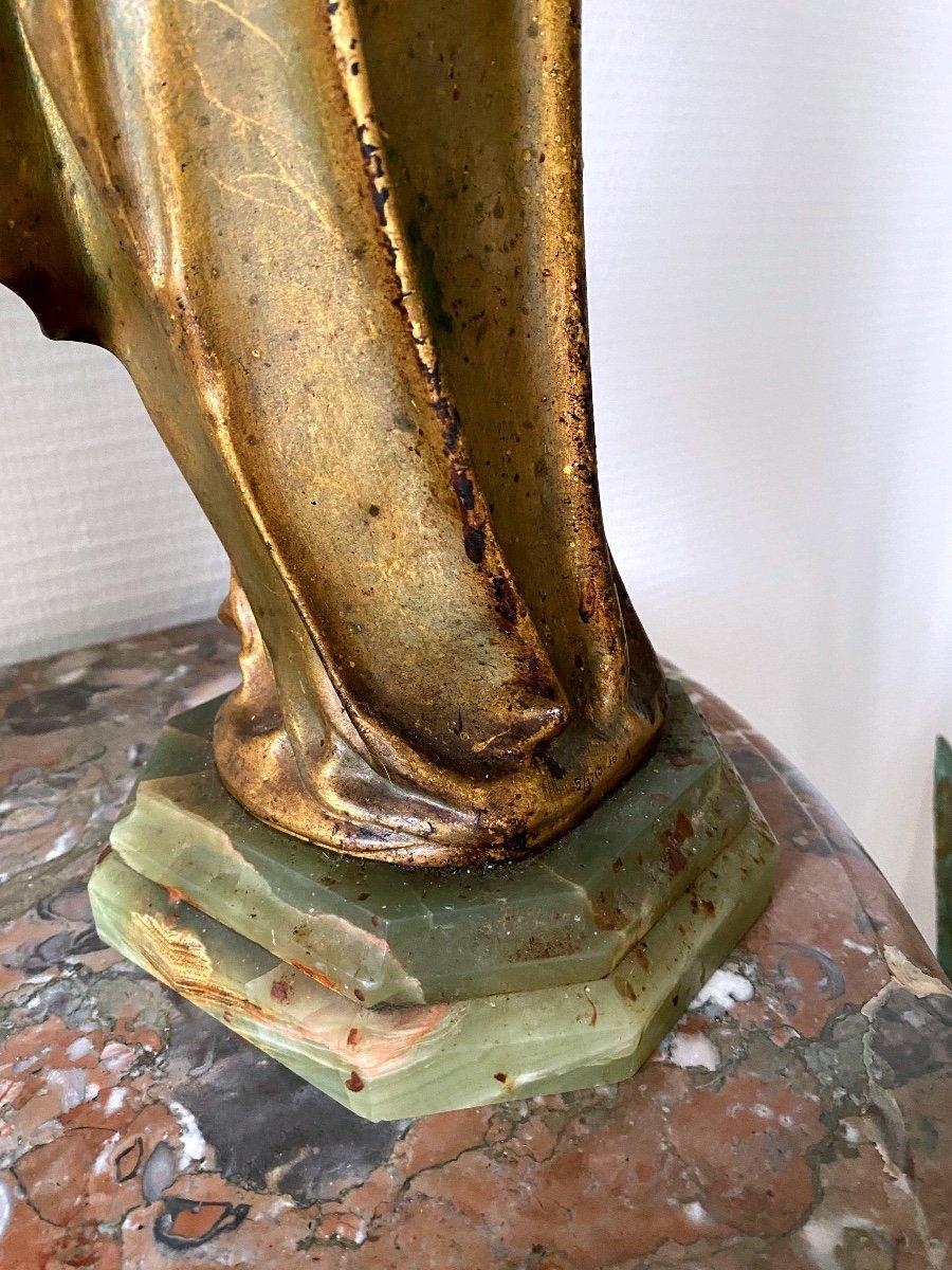 Chryselephantine Goldscheider - Bronze Patina Green & Gold - Green Onyx Marble B In Excellent Condition For Sale In CRÉTEIL, FR