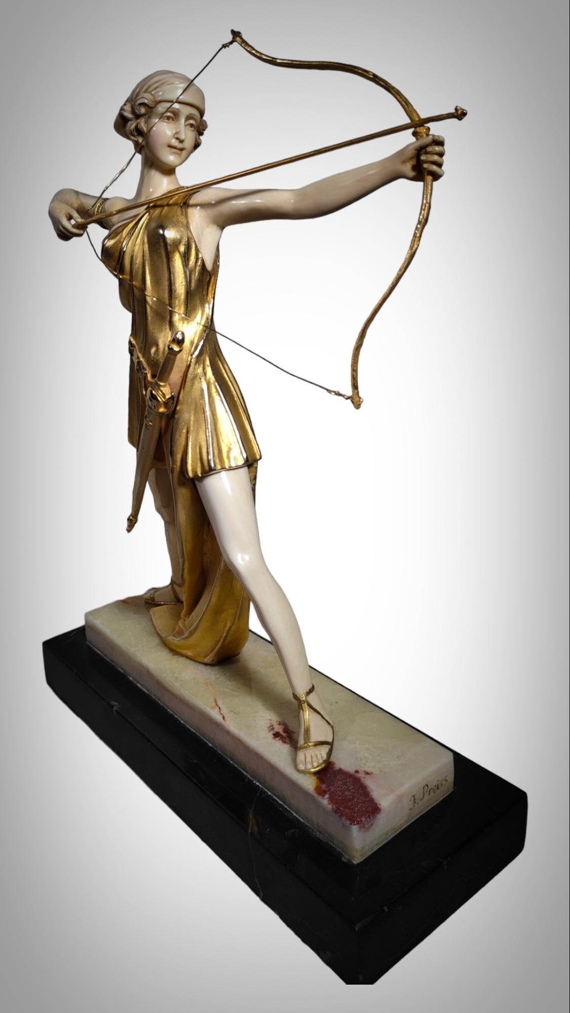 Chryselephantine sculpture, gilded bronze  resting on an onyx base, Diana For Sale 6