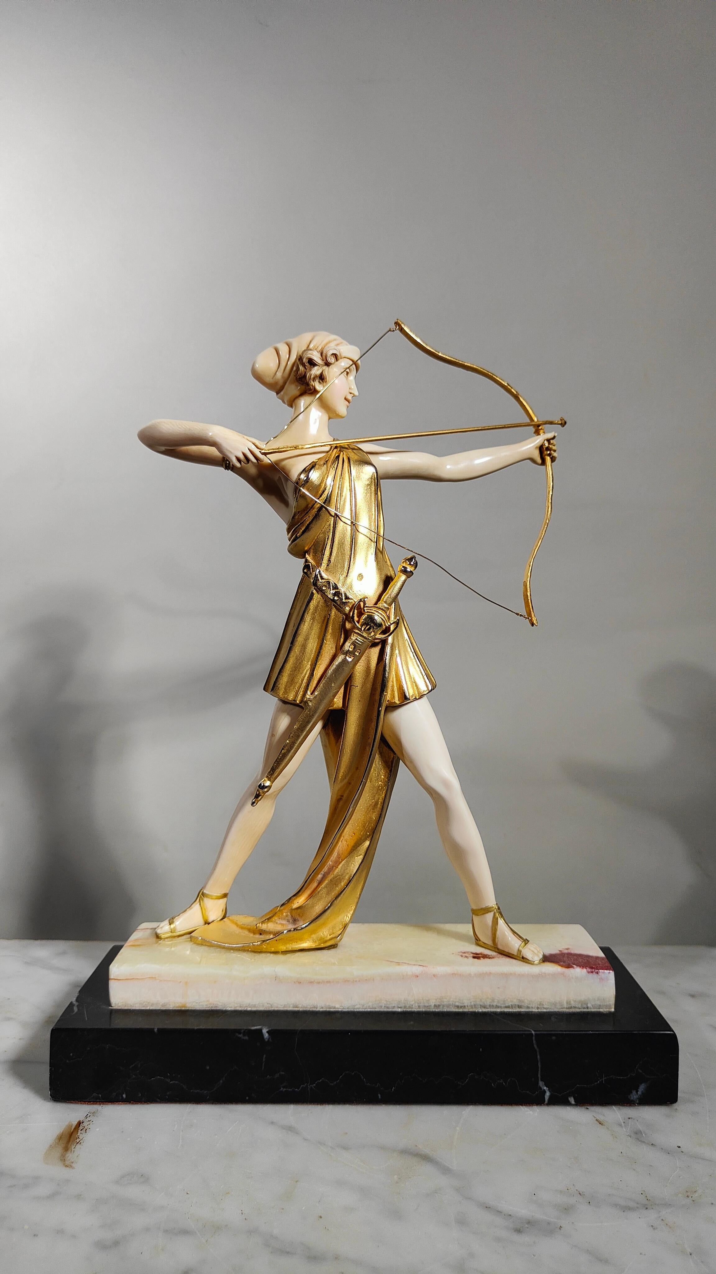 Chryselephantine sculpture, gilded bronze  resting on an onyx base, Diana For Sale 8