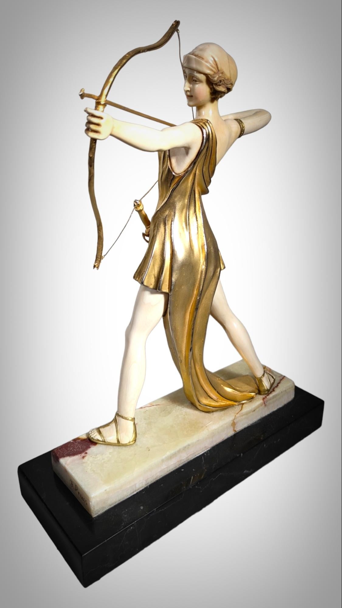 Chryselephantine sculpture, gilded bronze  resting on an onyx base, Diana For Sale 2