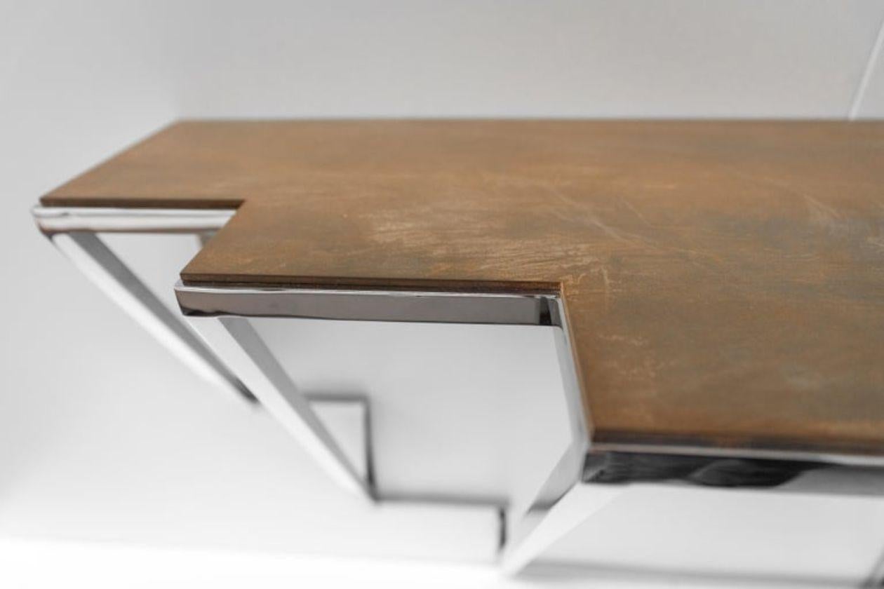Modern Chrysler, Console in Hand Oxidized Brass and Hand Polished Stainless Steel For Sale