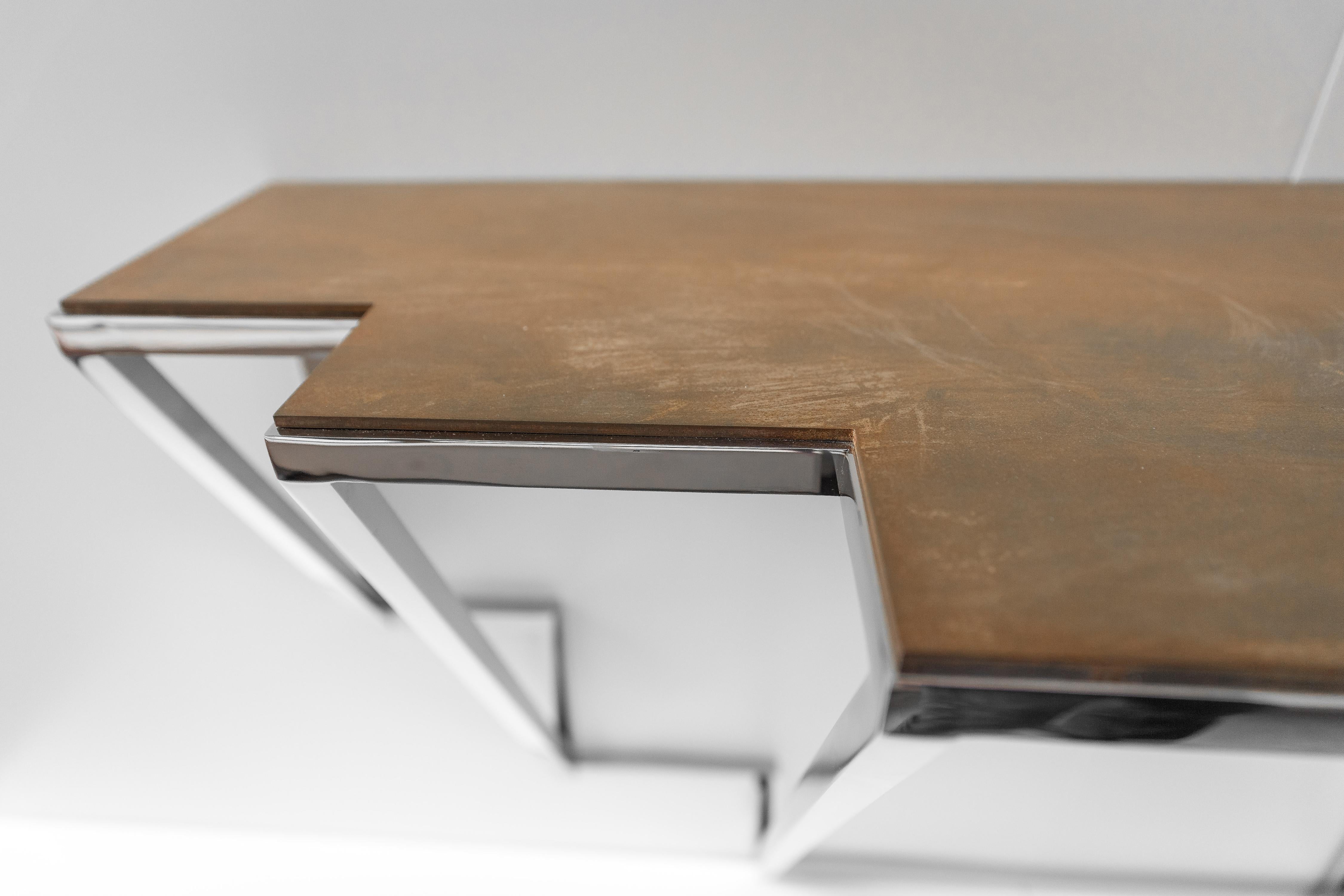 Modern Chrysler, Console in Hand Oxidized Brass and Hand Polished Stainless Steel