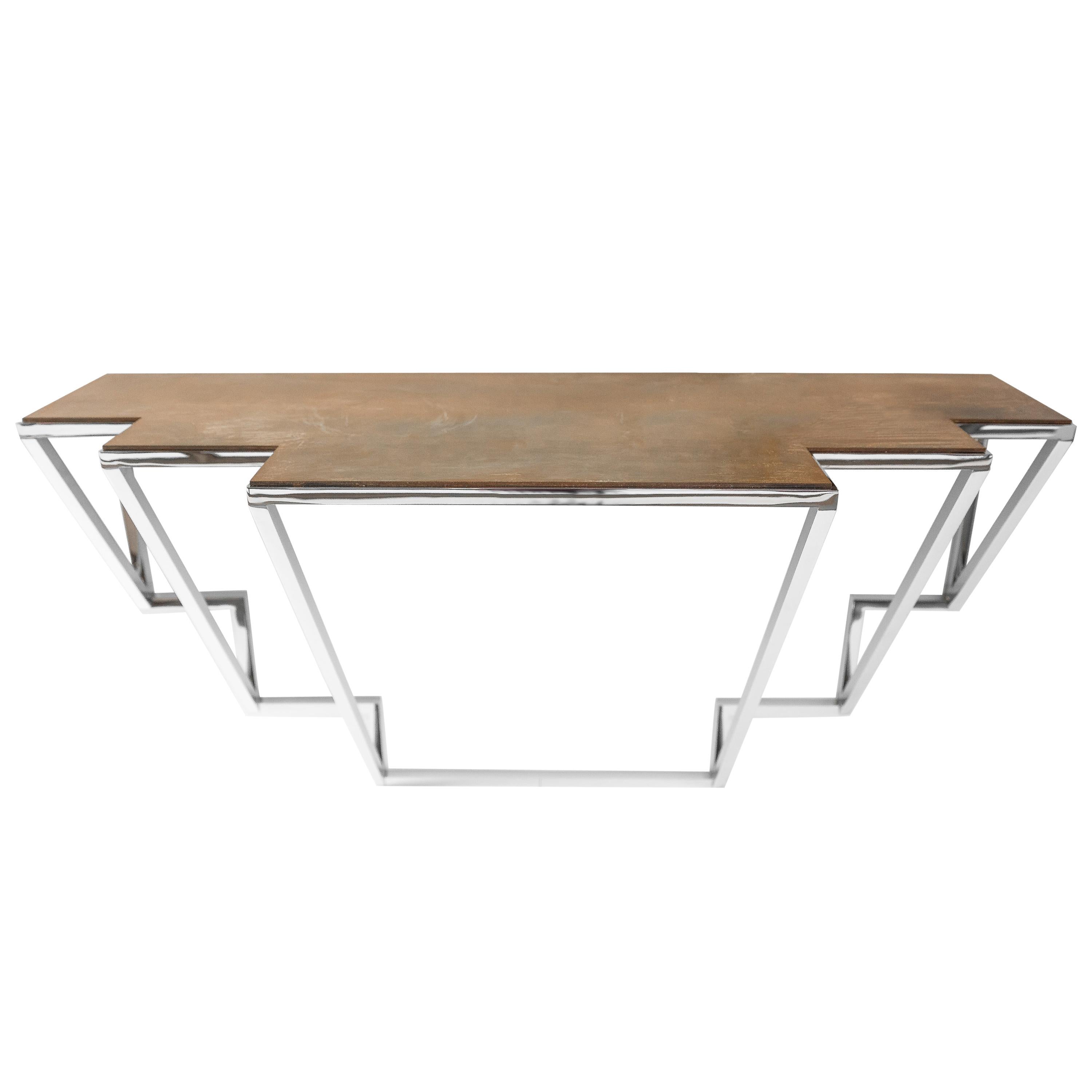 Chrysler, Console in Hand Oxidized Brass and Hand Polished Stainless Steel