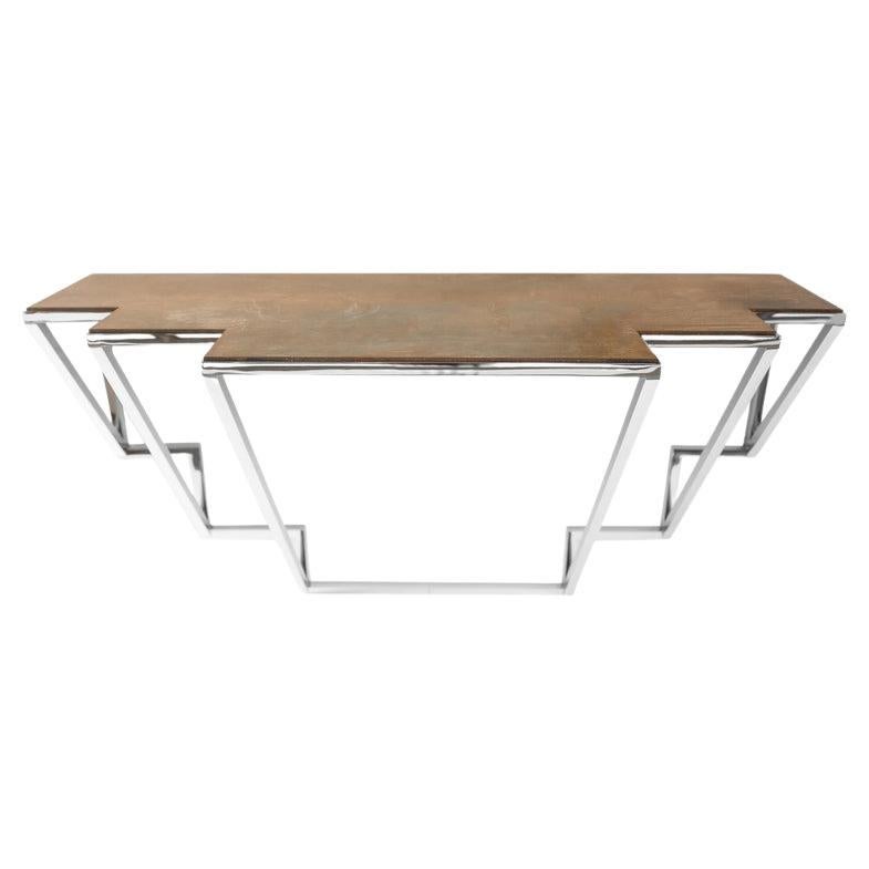 Chrysler, Console in Hand Oxidized Brass and Hand Polished Stainless Steel For Sale