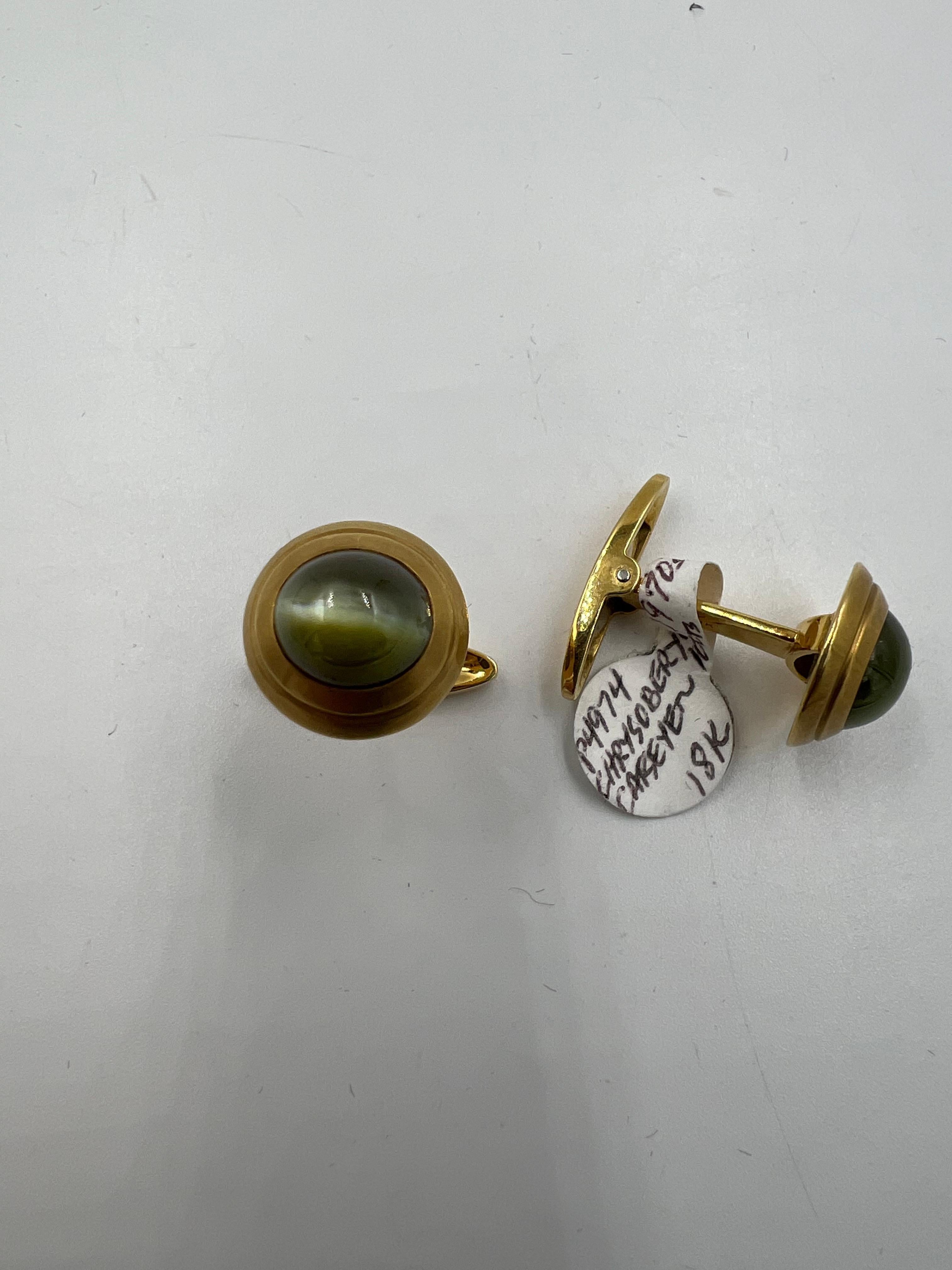 Chrysoberyl Cats Eye Yellow Gold Cufflinks For Sale 1