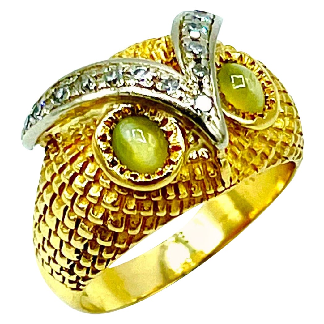 Eule aus Gelb- und Weißgold mit Chrysoberyll, Katzenauge und Diamant