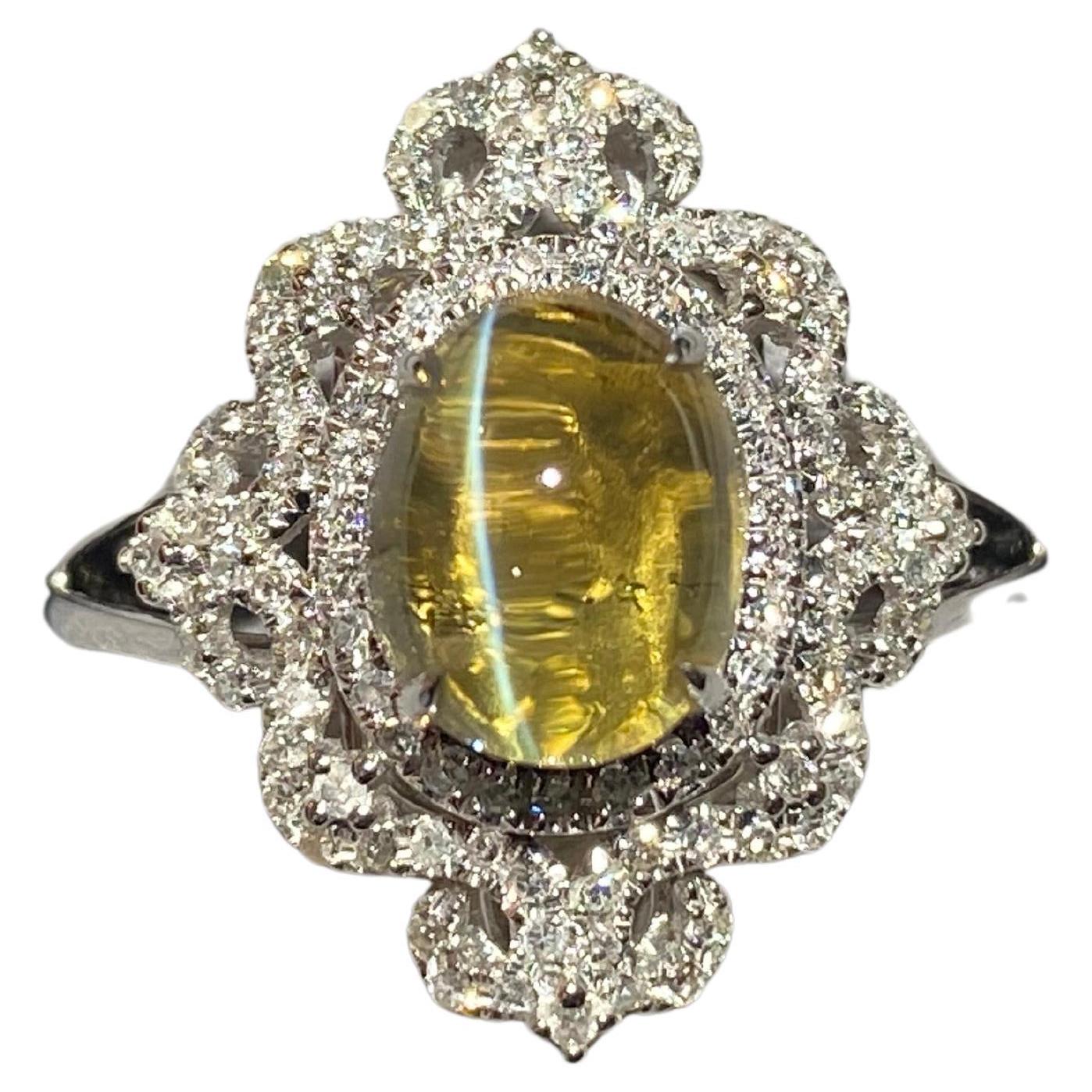 Chrysoberyl Cat's Eye and Diamond Ring in 18k White Gold