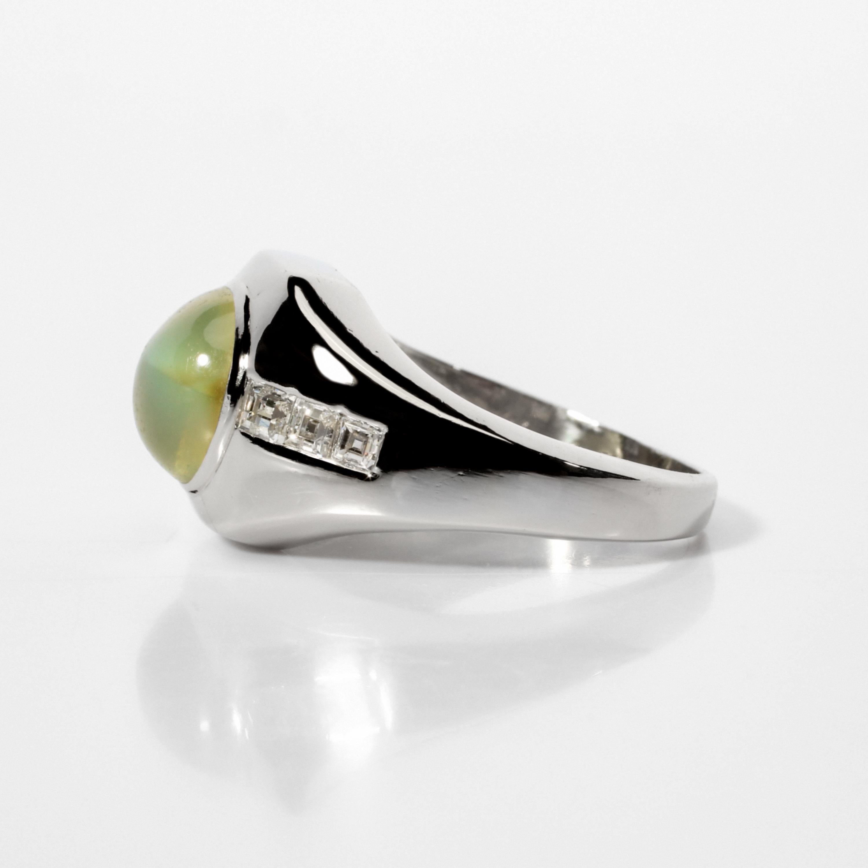 Art Deco Chrysoberyl Cat's Eye and Diamond Ring in Platinum Midcentury