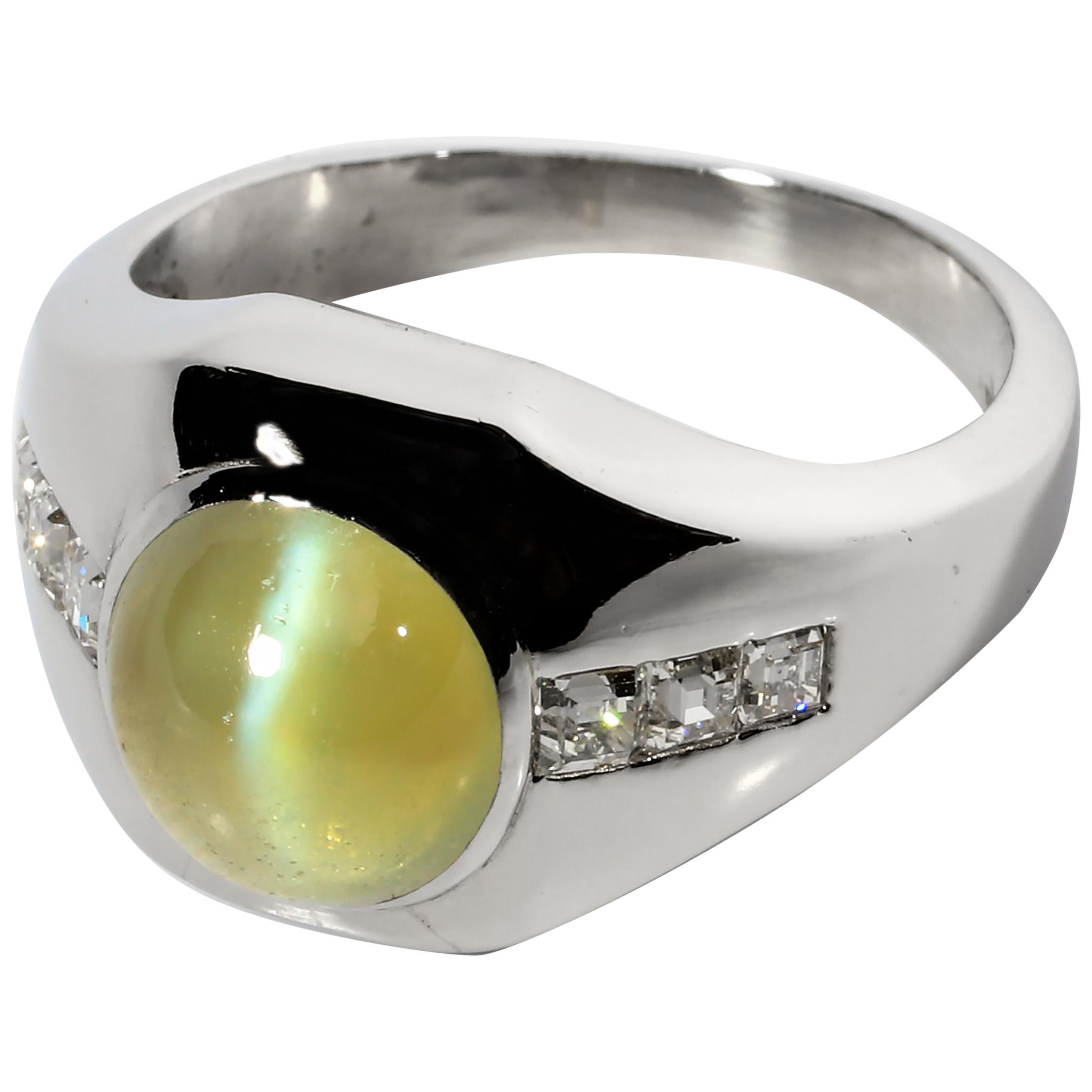 Chrysoberyl Cat's Eye and Diamond Ring in Platinum Midcentury