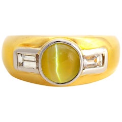 Vintage Chrysoberyl Cat's-Eye Ring with Diamonds from Midcentury