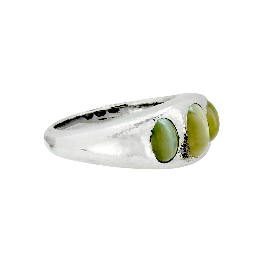 Cabochon Chrysoberyl Cats Eye Three Stone White Gold Art Deco Ring For Sale