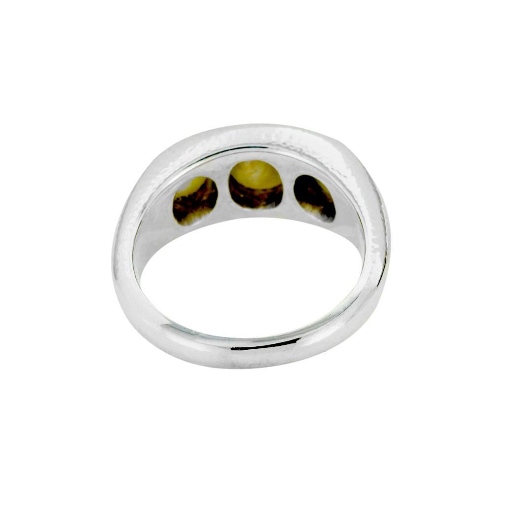 Chrysoberyl Cats Eye Three Stone White Gold Art Deco Ring In Good Condition For Sale In Los Angeles, CA