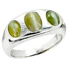 Vintage Chrysoberyl Cats Eye Three Stone White Gold Art Deco Ring