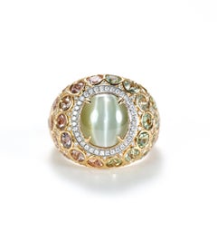Chrysoberyl Cat's Eye & Unheated Padparadscha Sapphire 18K Gold Cocktail Ring