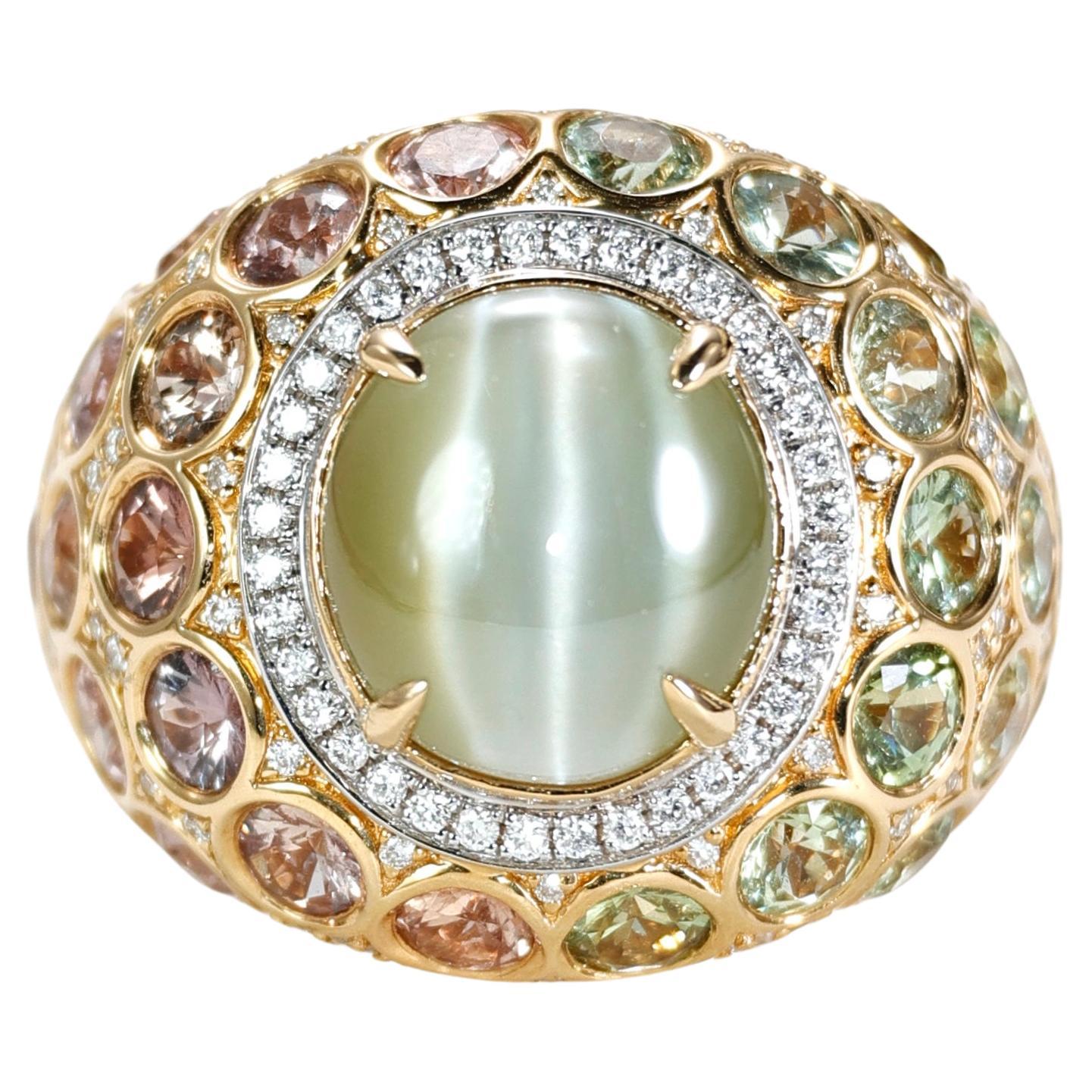 Chrysoberyl Cat's Eye & Unheated Padparadscha Sapphire 18K Gold Cocktail Ring