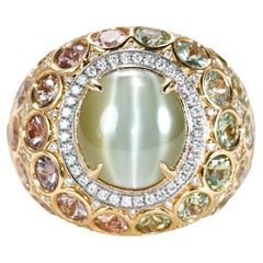 Chrysoberyl Cat's Eye & Unheated Padparadscha Sapphire 18K Gold Cocktail Ring