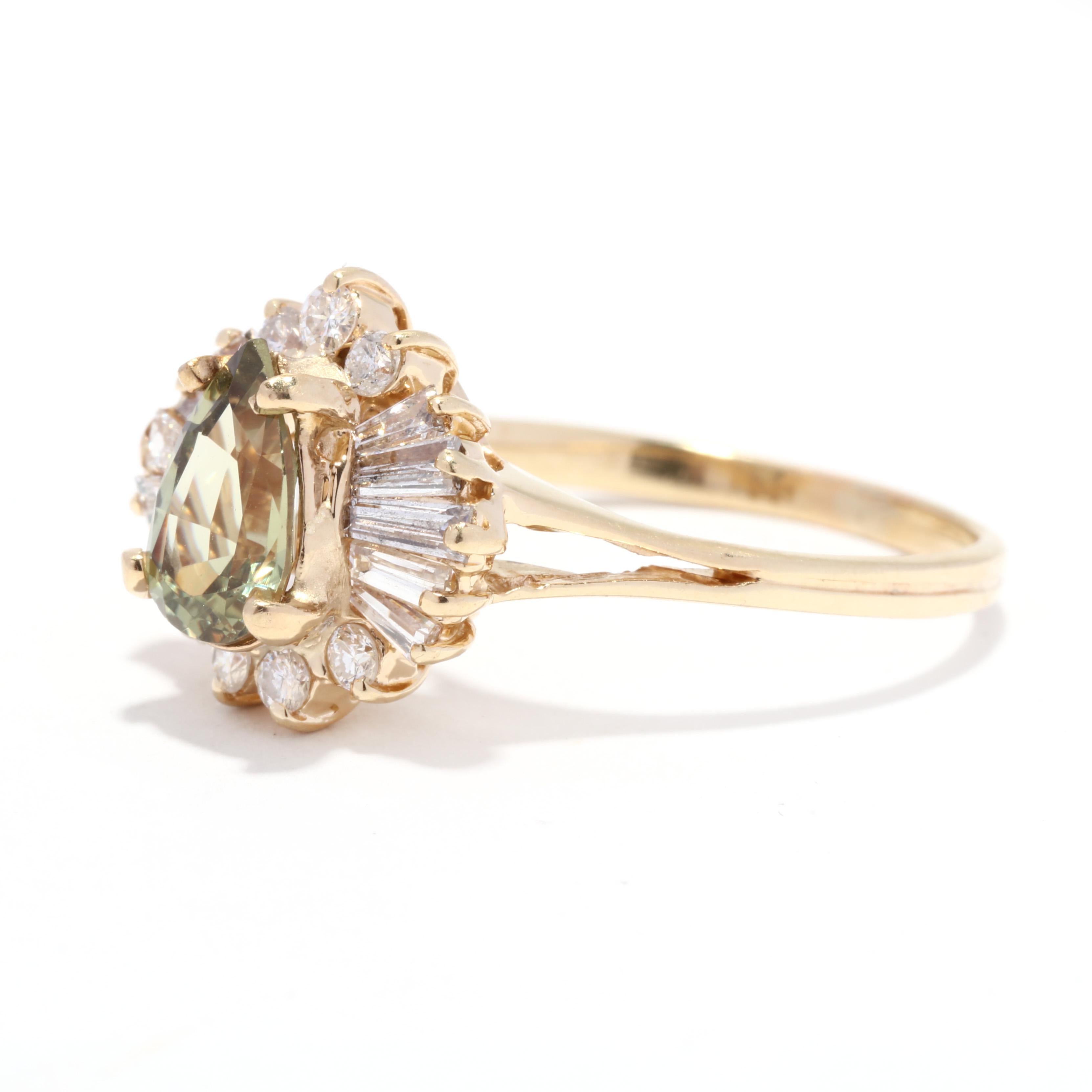 Brilliant Cut Chrysoberyl Diamond Ballerina Ring, 14K Yellow Gold, Ring For Sale