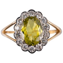 Chrysoberyl Diamond Halo Statement Ring 18 Karat Yellow White Gold, Ring Size N